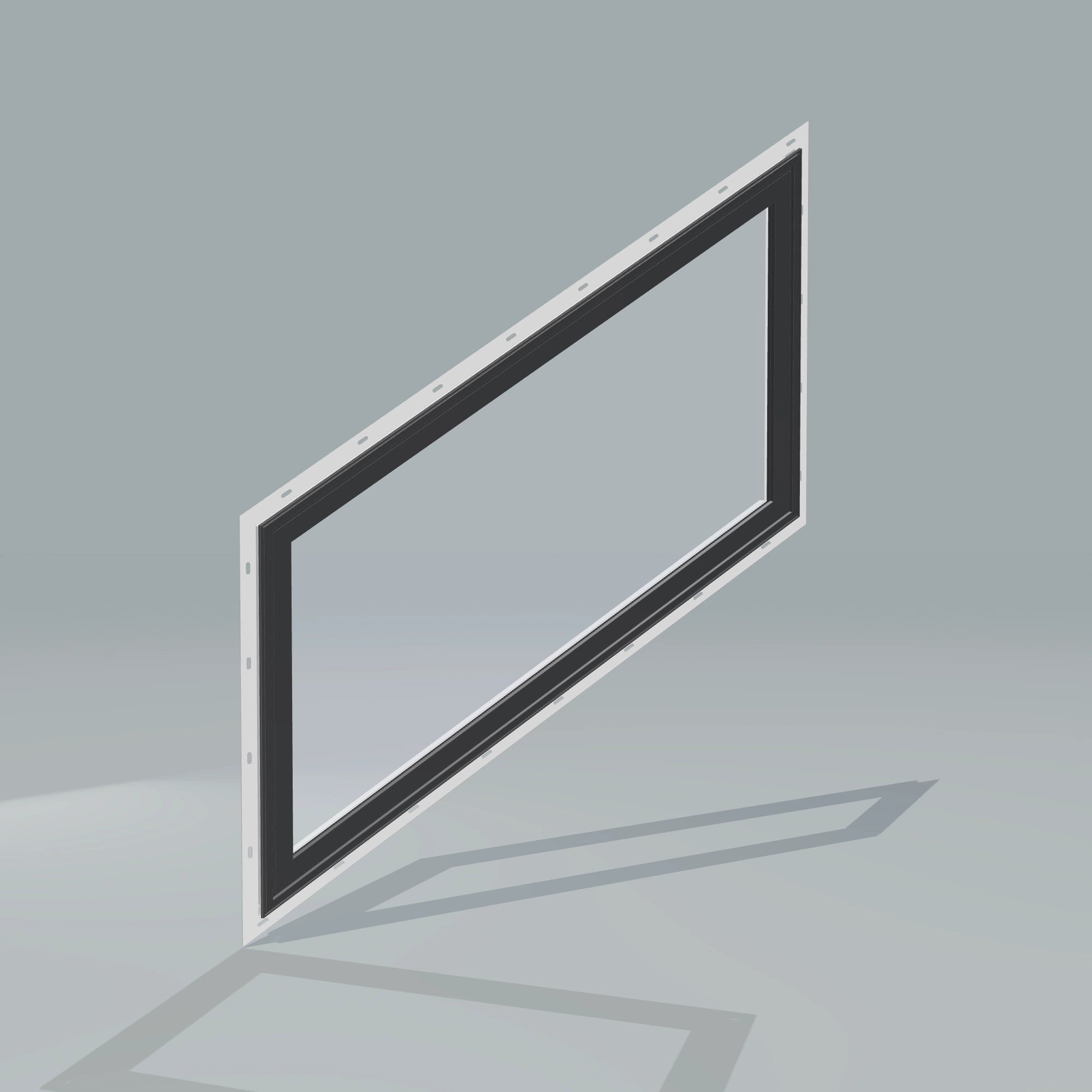 Angled exterior configurator view of the 36 × 48 inch parallelogram (left), black exterior / white interior, with nailing flange