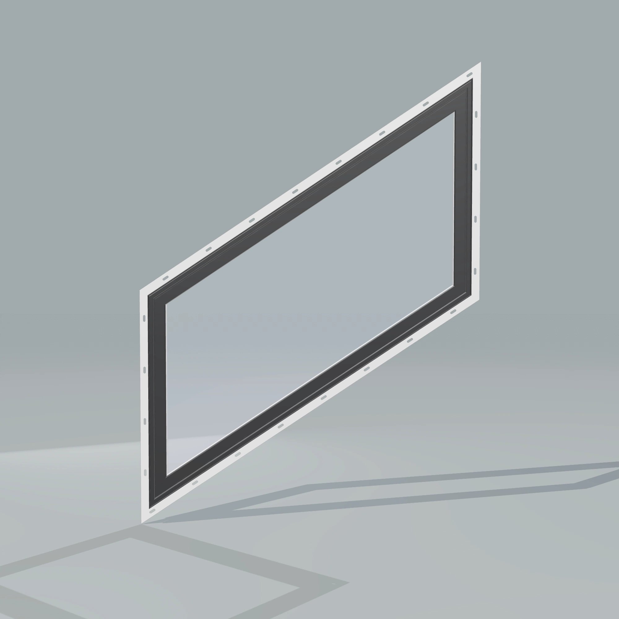 Straight exterior view of the 36 × 48 inch parallelogram (left), black exterior / white interior, with nailing flange