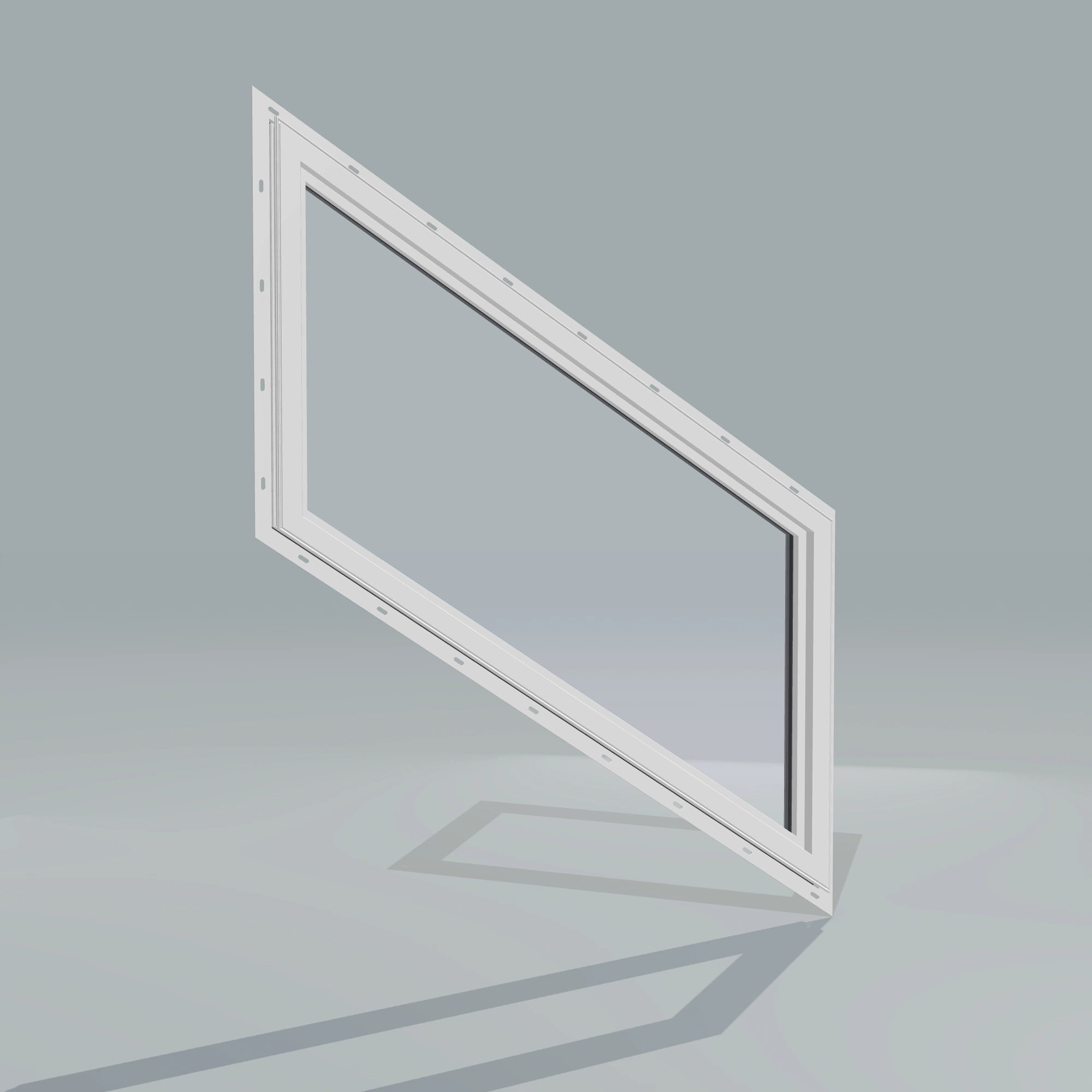 Angled interior view of the 36 × 48 inch parallelogram (left), black exterior / white interior, with nailing flange