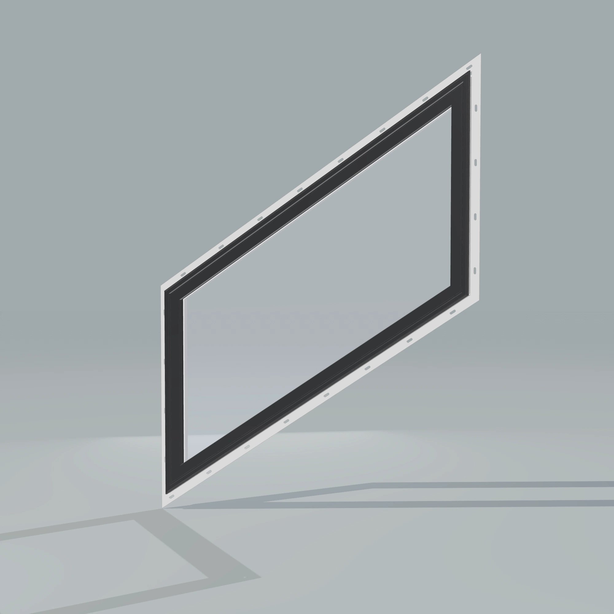 Opposite exterior angle of the 36 × 48 inch parallelogram (left), black exterior / white interior, with nailing flange