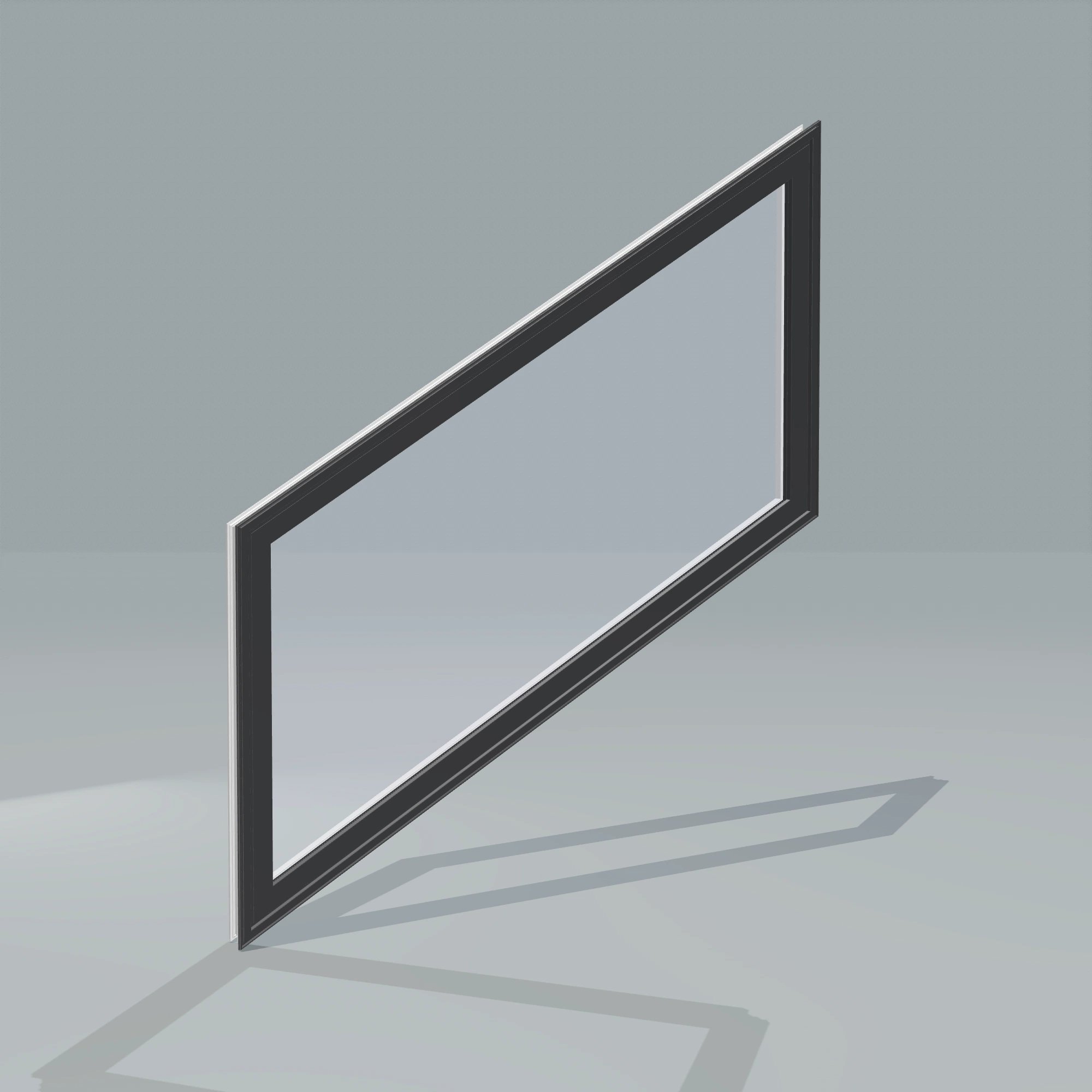 Angled exterior configurator view of the 36 × 48 inch parallelogram (left), black exterior / white interior, without nailing flange