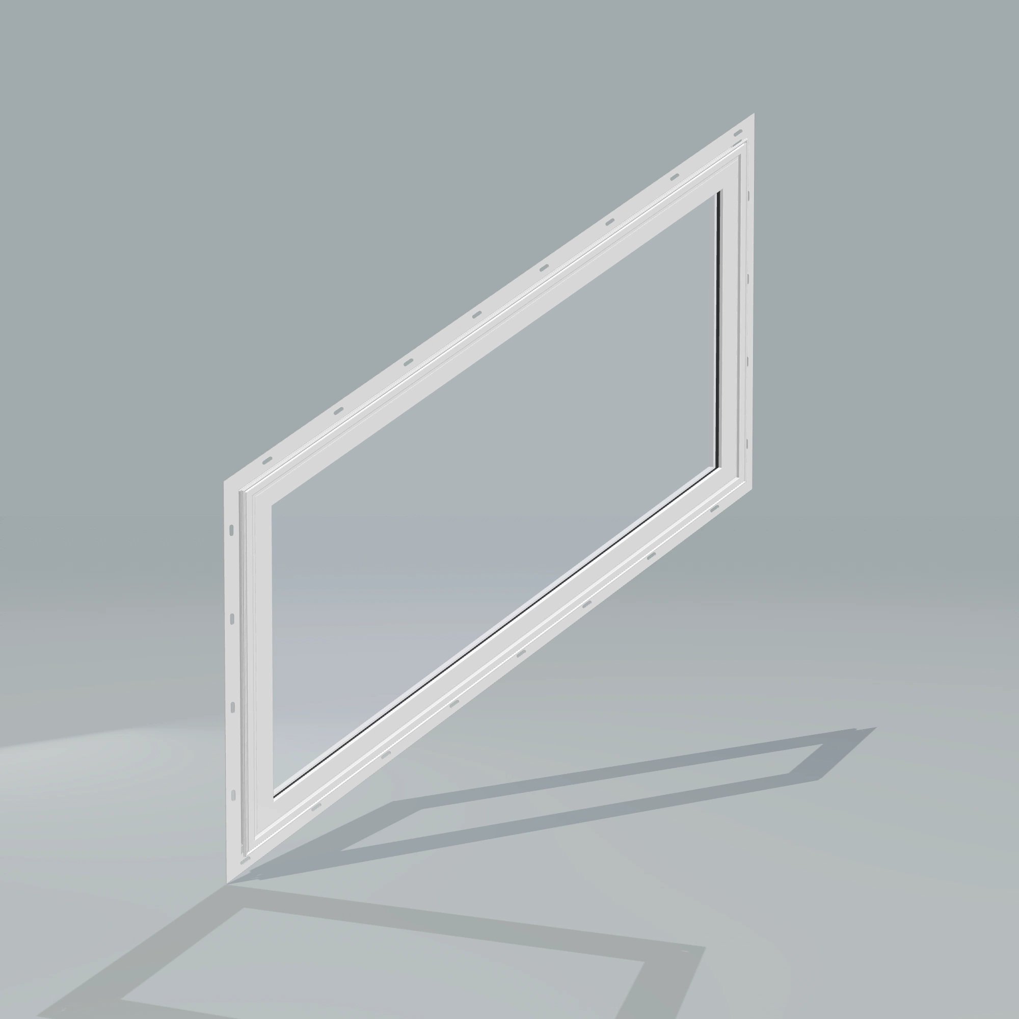 Angled exterior configurator view of the 36 × 48 inch parallelogram (left), white exterior / white interior, with nailing flange