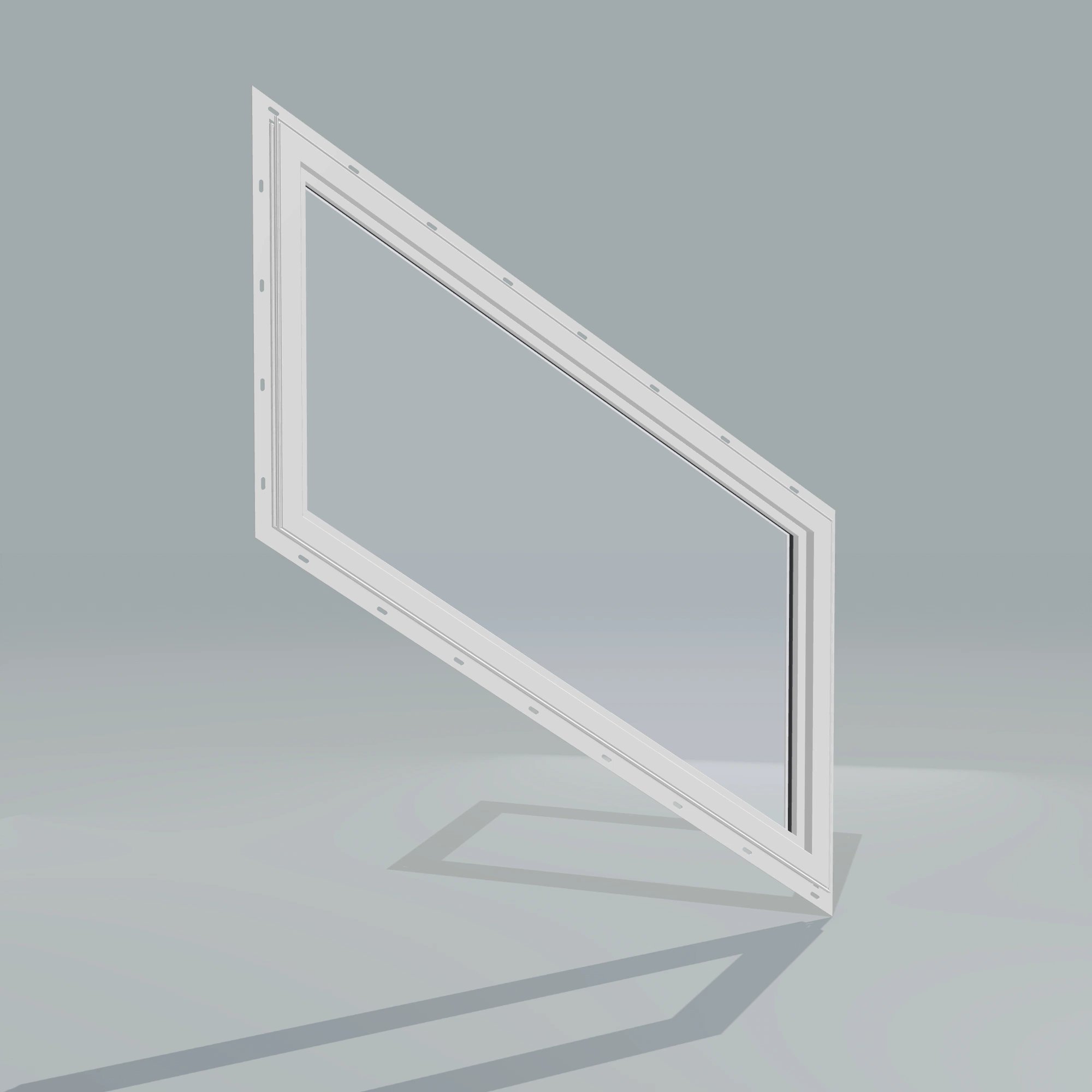 Angled interior view of the 36 × 48 inch parallelogram (left), white exterior / white interior, with nailing flange