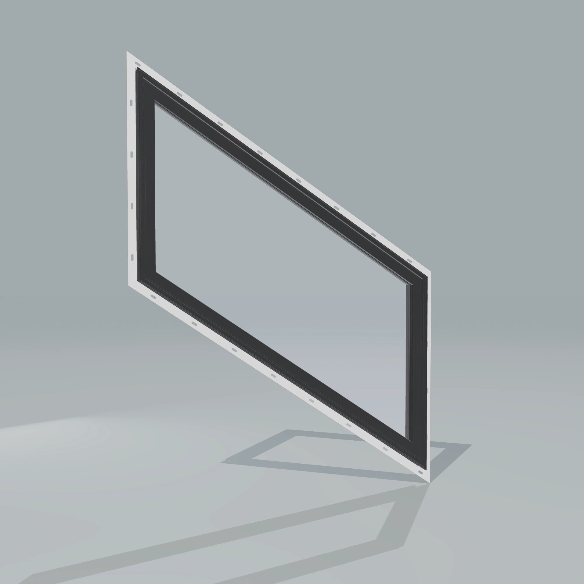 Angled exterior configurator view of the 36 × 48 inch parallelogram (right), black exterior / black interior, with nailing flange