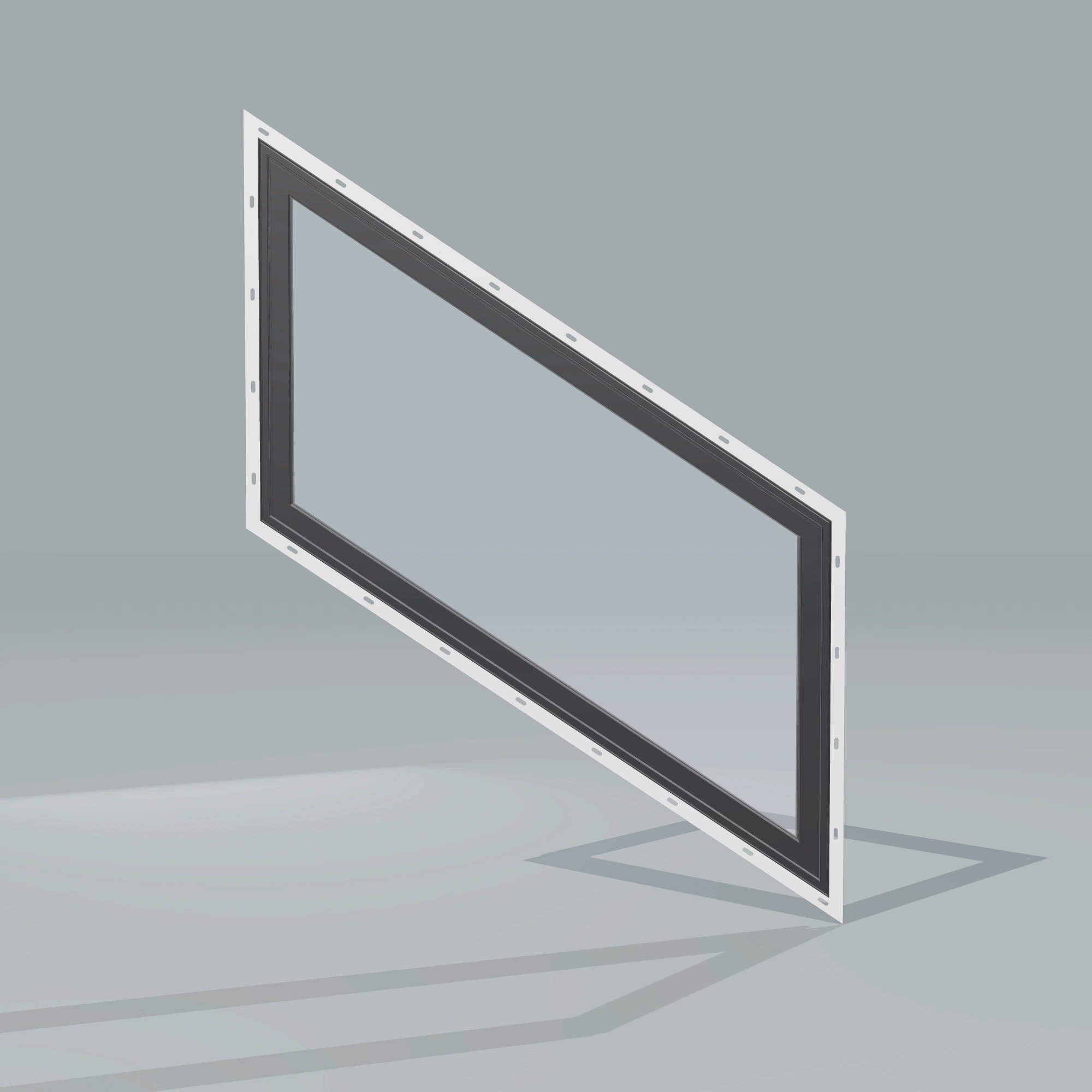 Straight exterior view of the 36 × 48 inch parallelogram (right), black exterior / black interior, with nailing flange