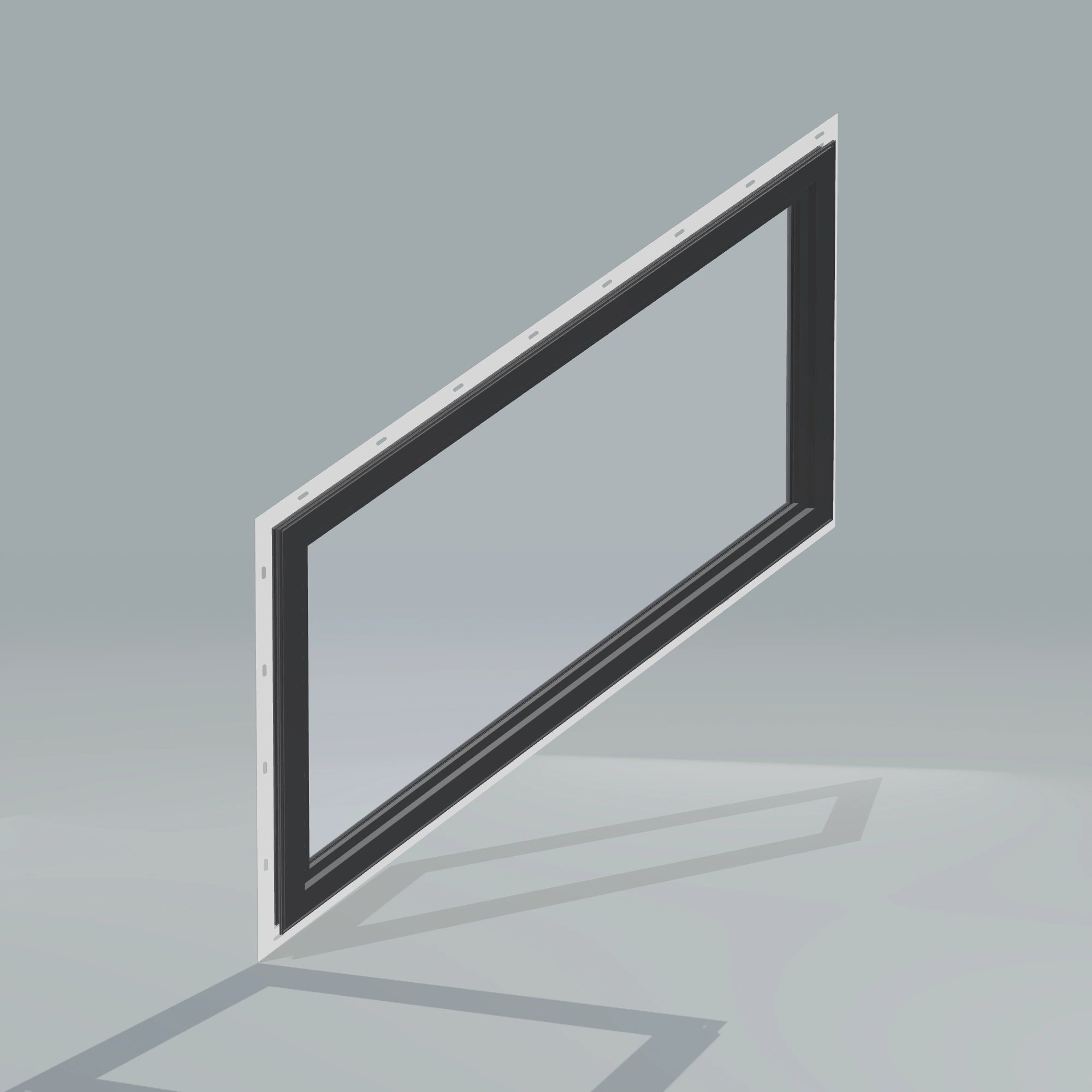 Angled interior view of the 36 × 48 inch parallelogram (right), black exterior / black interior, with nailing flange
