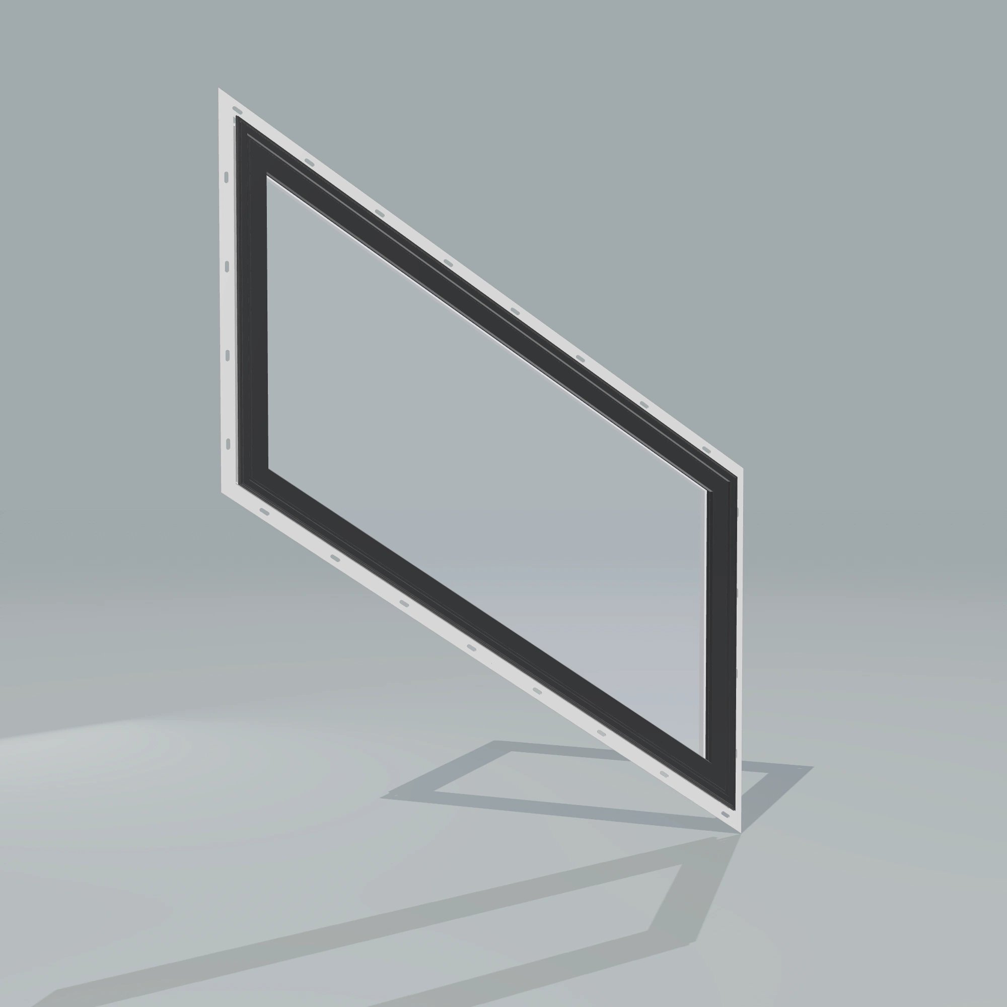 Angled exterior configurator view of the 36 × 48 inch parallelogram (right), black exterior / white interior, with nailing flange