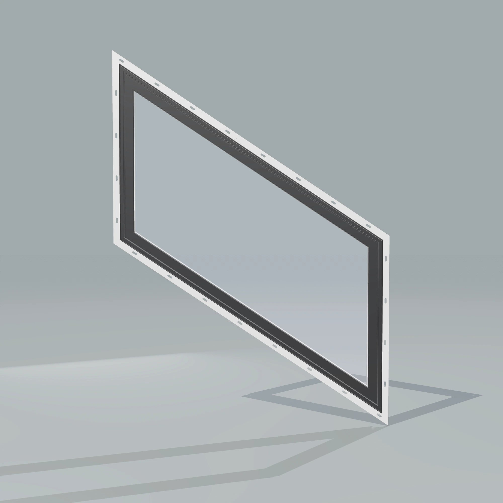Straight exterior view of the 36 × 48 inch parallelogram (right), black exterior / white interior, with nailing flange