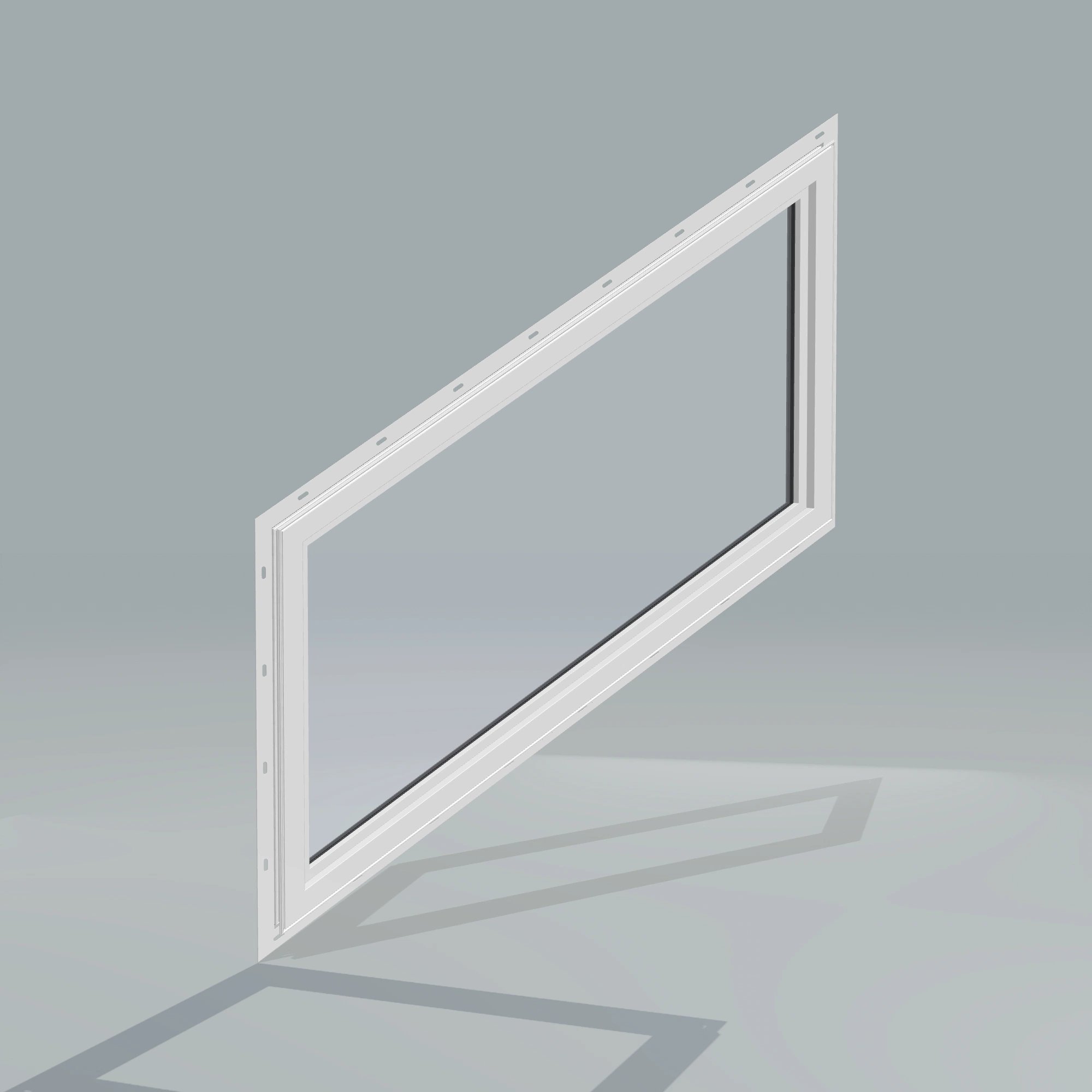 Angled interior view of the 36 × 48 inch parallelogram (right), black exterior / white interior, with nailing flange