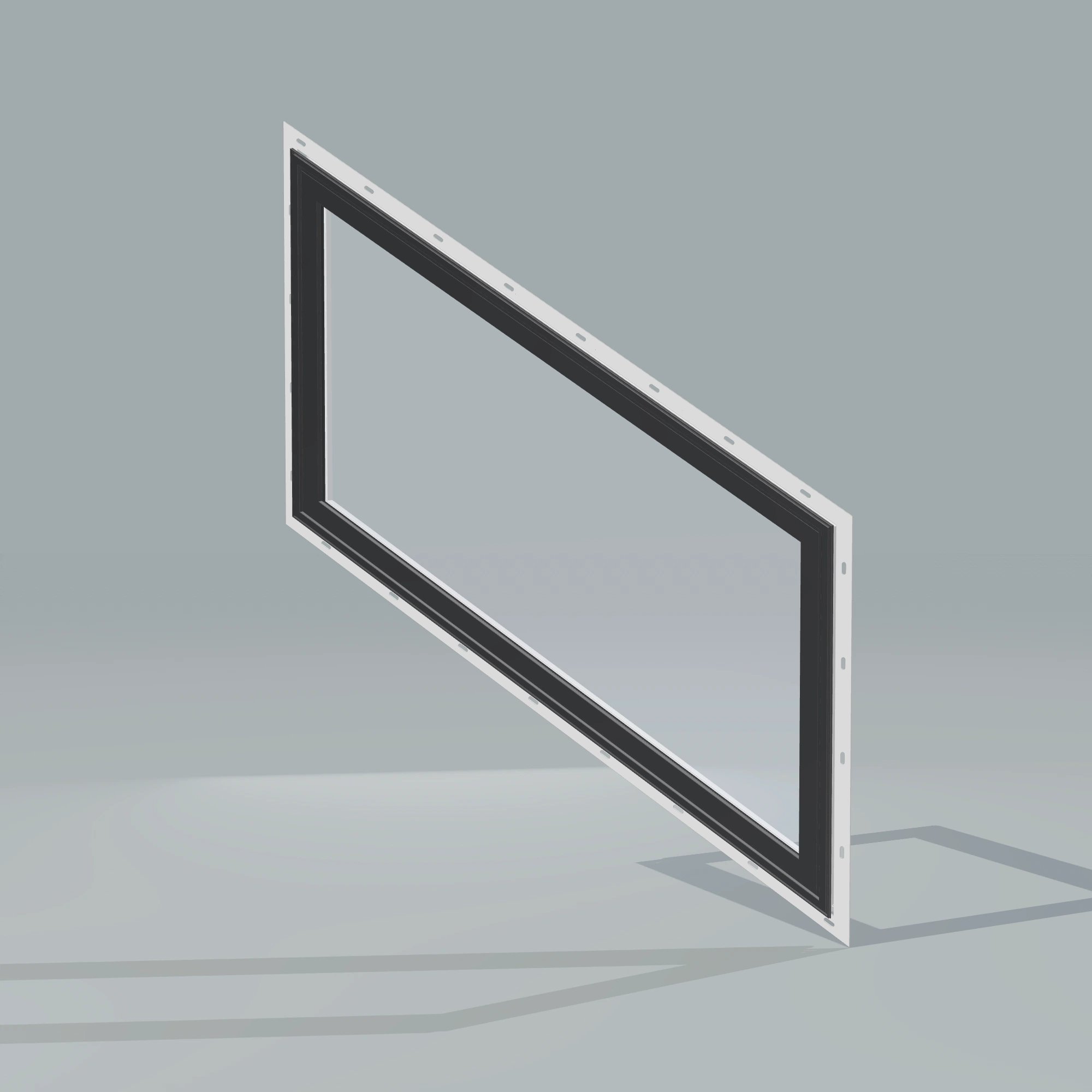 Opposite exterior angle of the 36 × 48 inch parallelogram (right), black exterior / white interior, with nailing flange