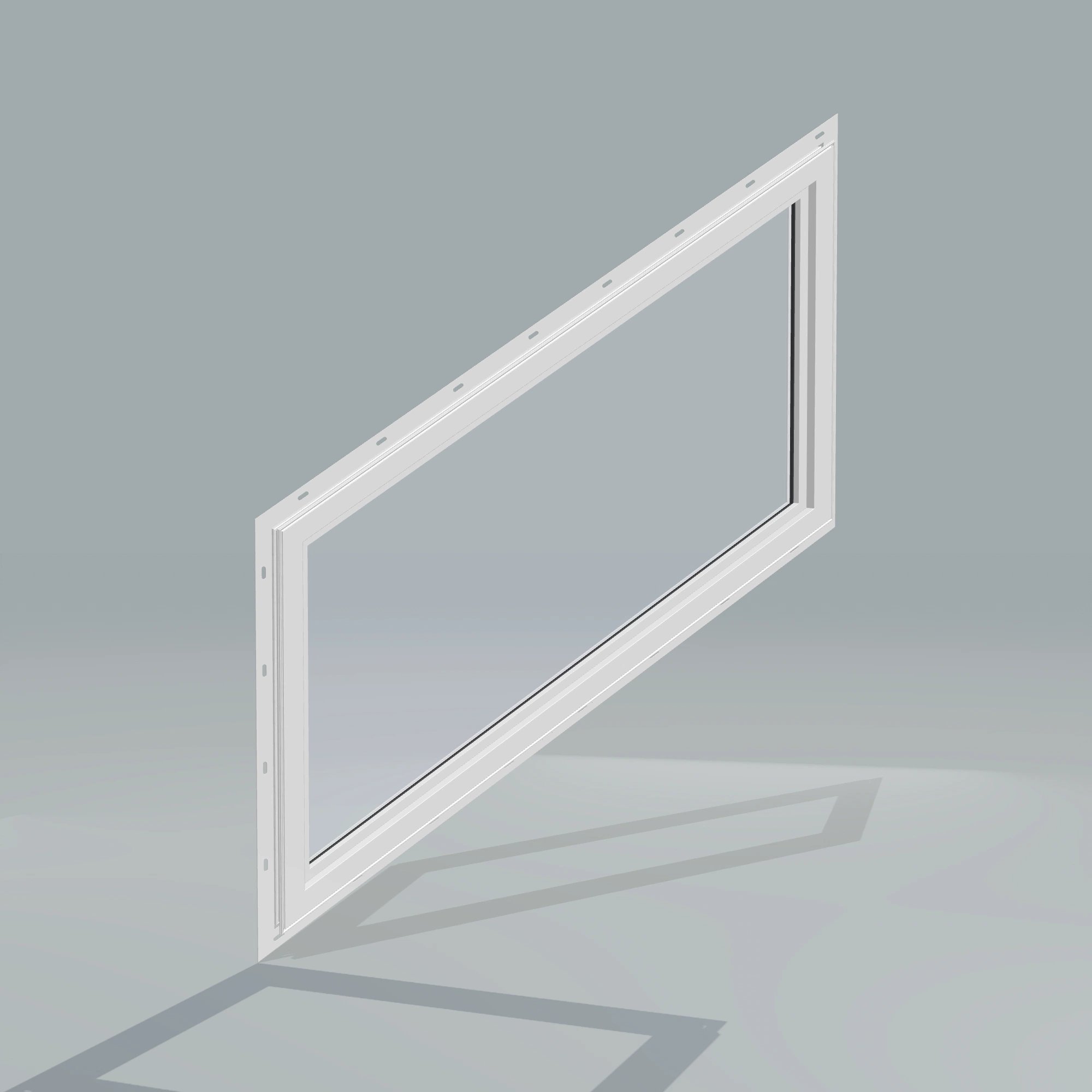 Angled interior view of the 36 × 48 inch parallelogram (right), white exterior / white interior, with nailing flange