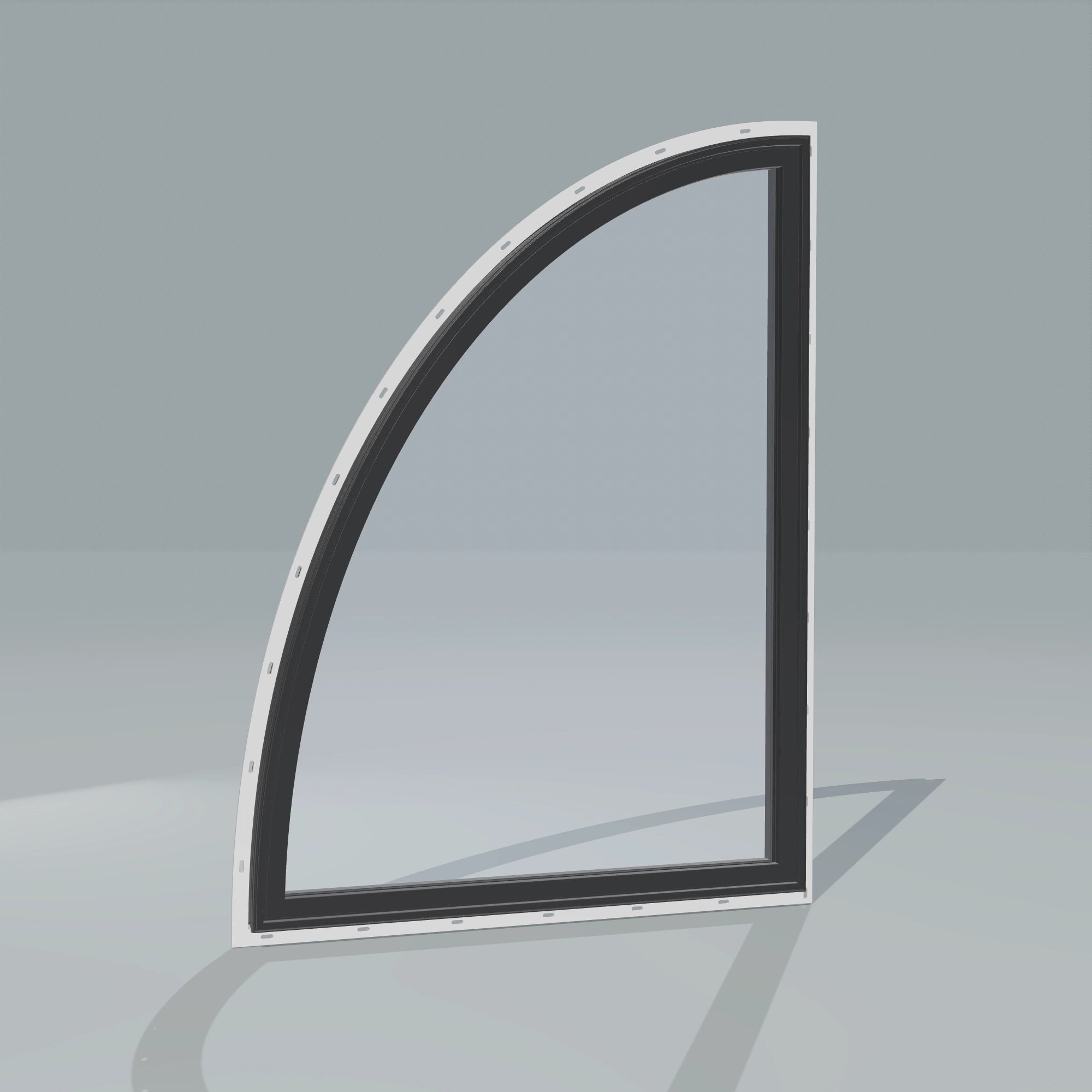 Angled exterior configurator view of the 36 × 48 inch partial ellipse (left), black exterior / black interior, with nailing flange