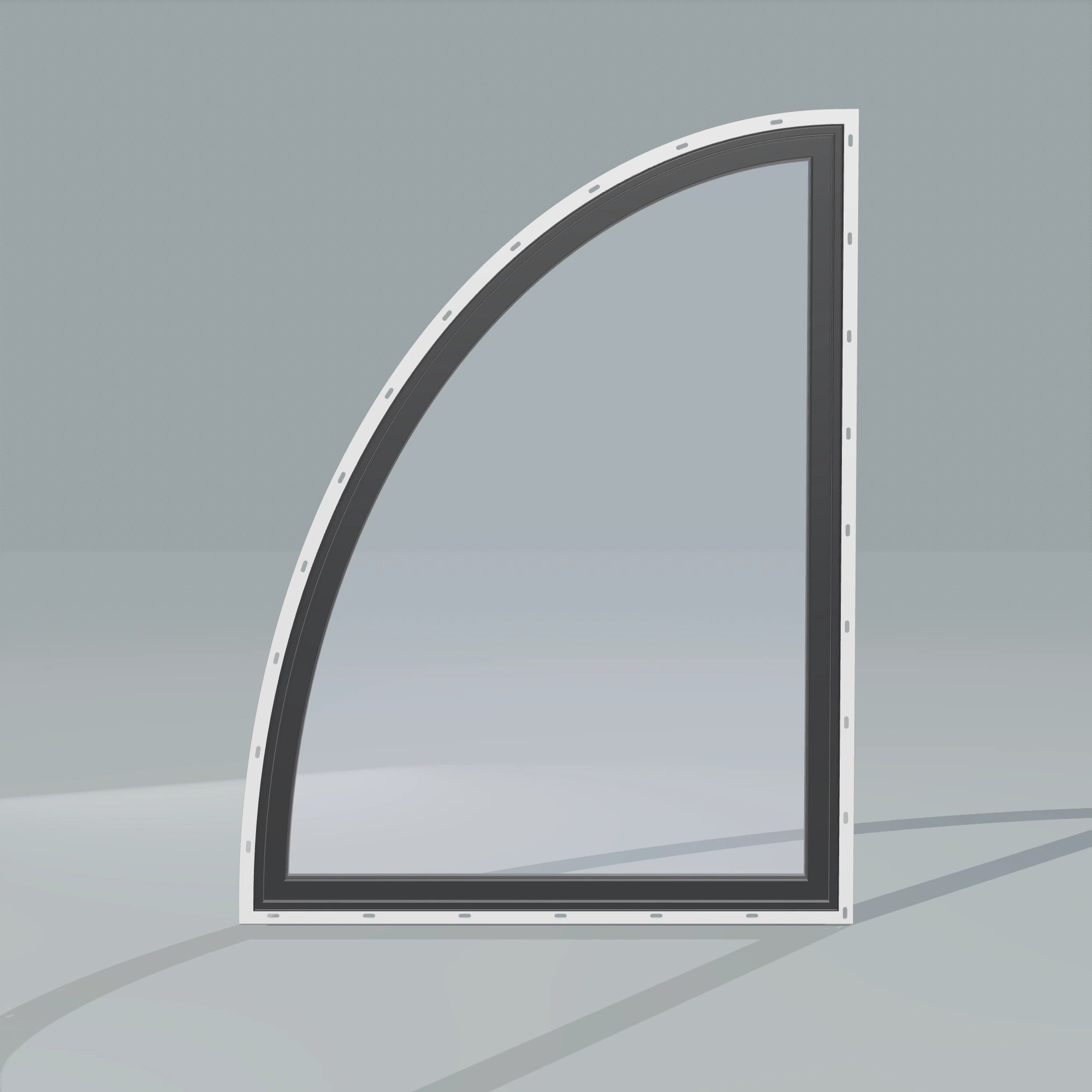 Straight exterior view of the 36 × 48 inch partial ellipse (left), black exterior / black interior, with nailing flange
