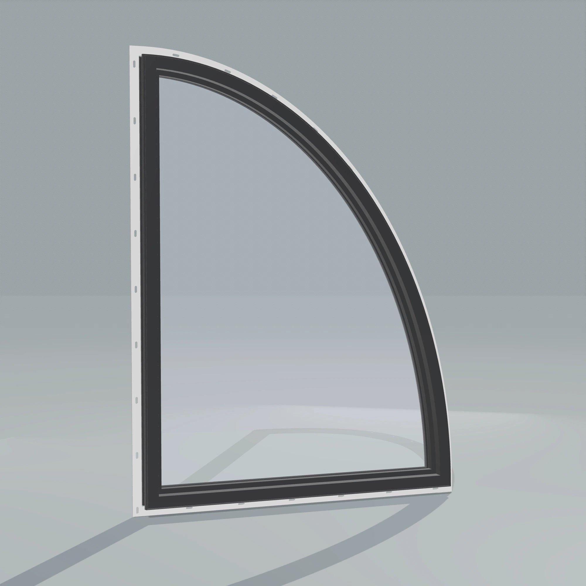 Angled interior view of the 36 × 48 inch partial ellipse (left), black exterior / black interior, with nailing flange