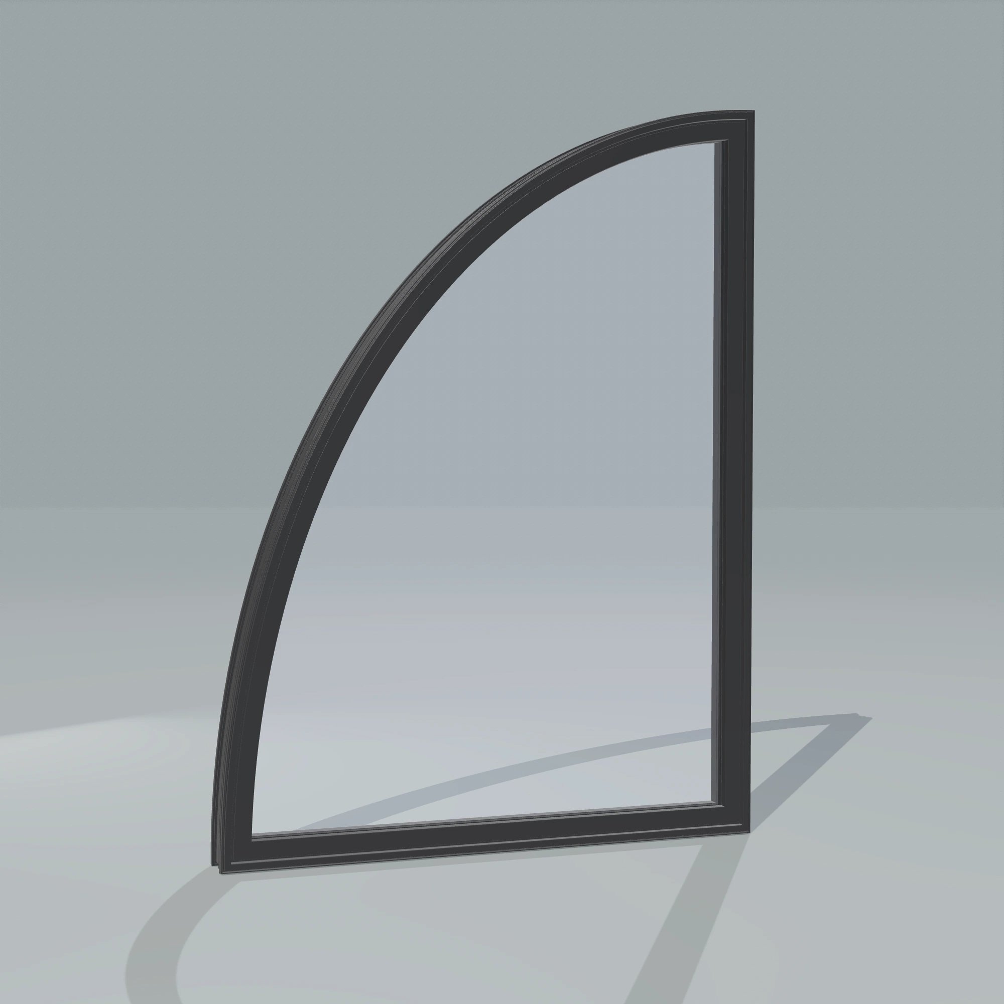 Angled exterior configurator view of the 36 × 48 inch partial ellipse (left), black exterior / black interior, without nailing flange