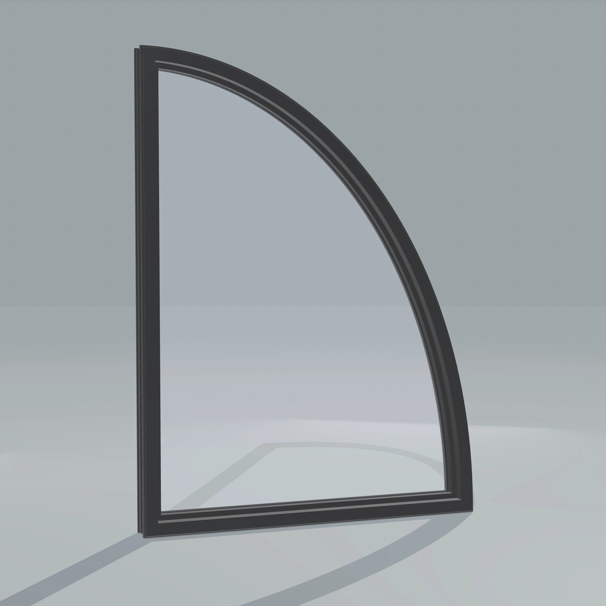 Angled interior view of the 36 × 48 inch partial ellipse (left), black exterior / black interior, without nailing flange