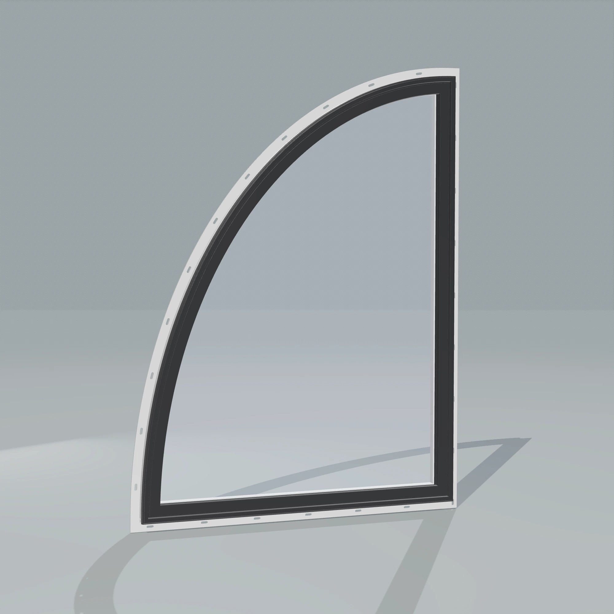 Angled exterior configurator view of the 36 × 48 inch partial ellipse (left), black exterior / white interior, with nailing flange