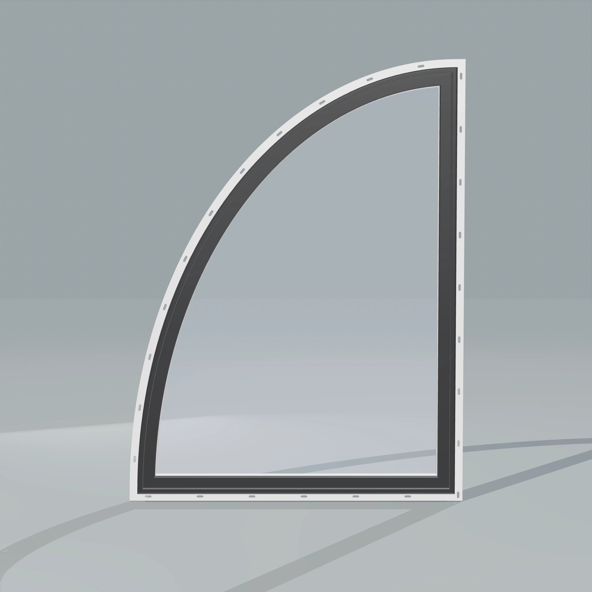 Straight exterior view of the 36 × 48 inch partial ellipse (left), black exterior / white interior, with nailing flange