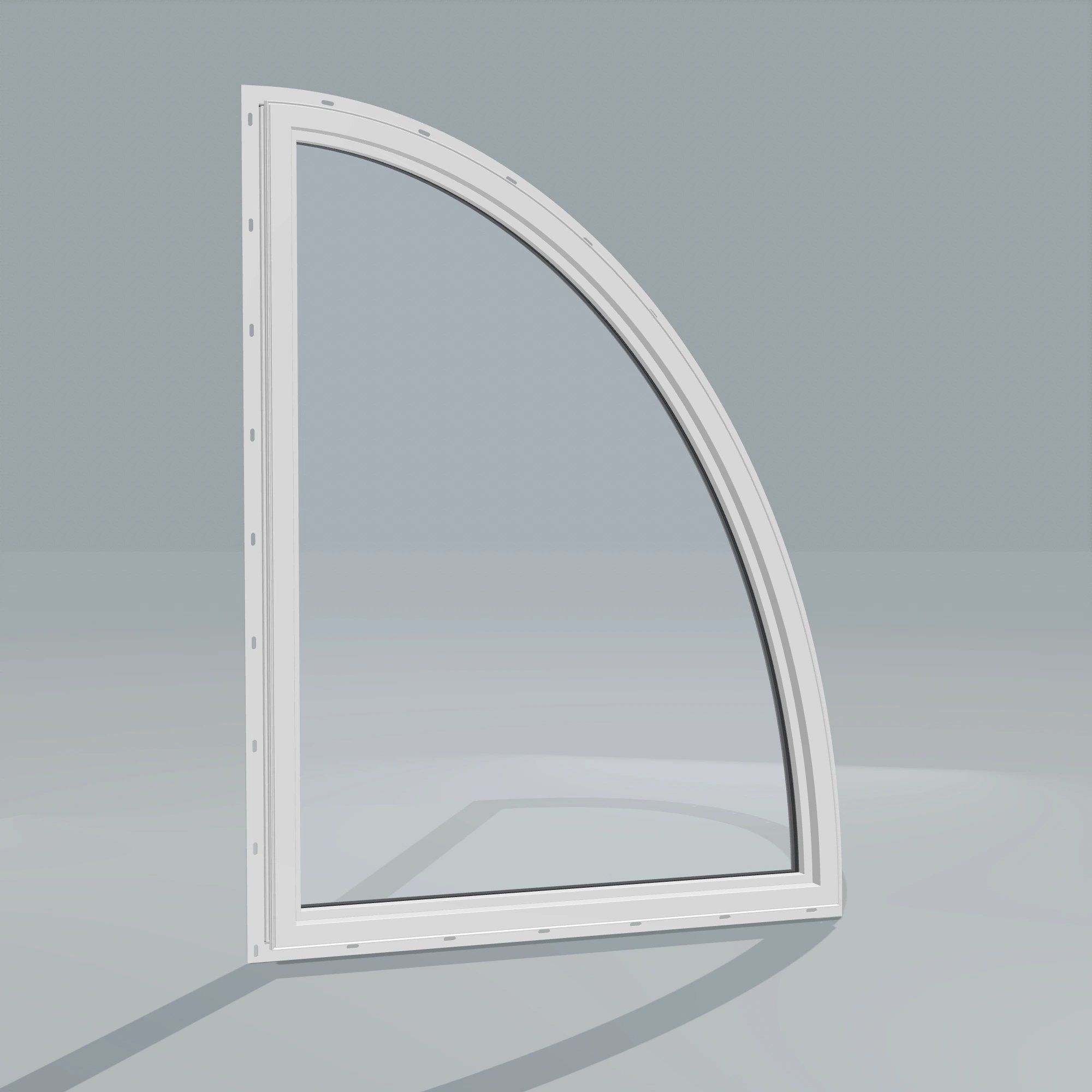 Angled interior view of the 36 × 48 inch partial ellipse (left), black exterior / white interior, with nailing flange