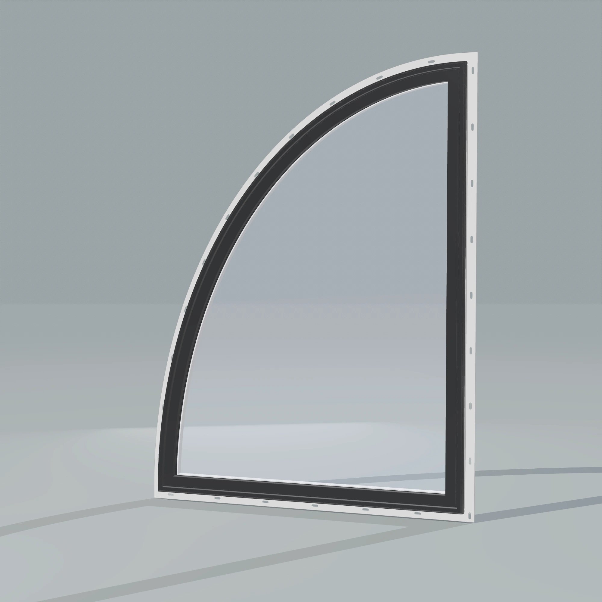 Opposite exterior angle of the 36 × 48 inch partial ellipse (left), black exterior / white interior, with nailing flange