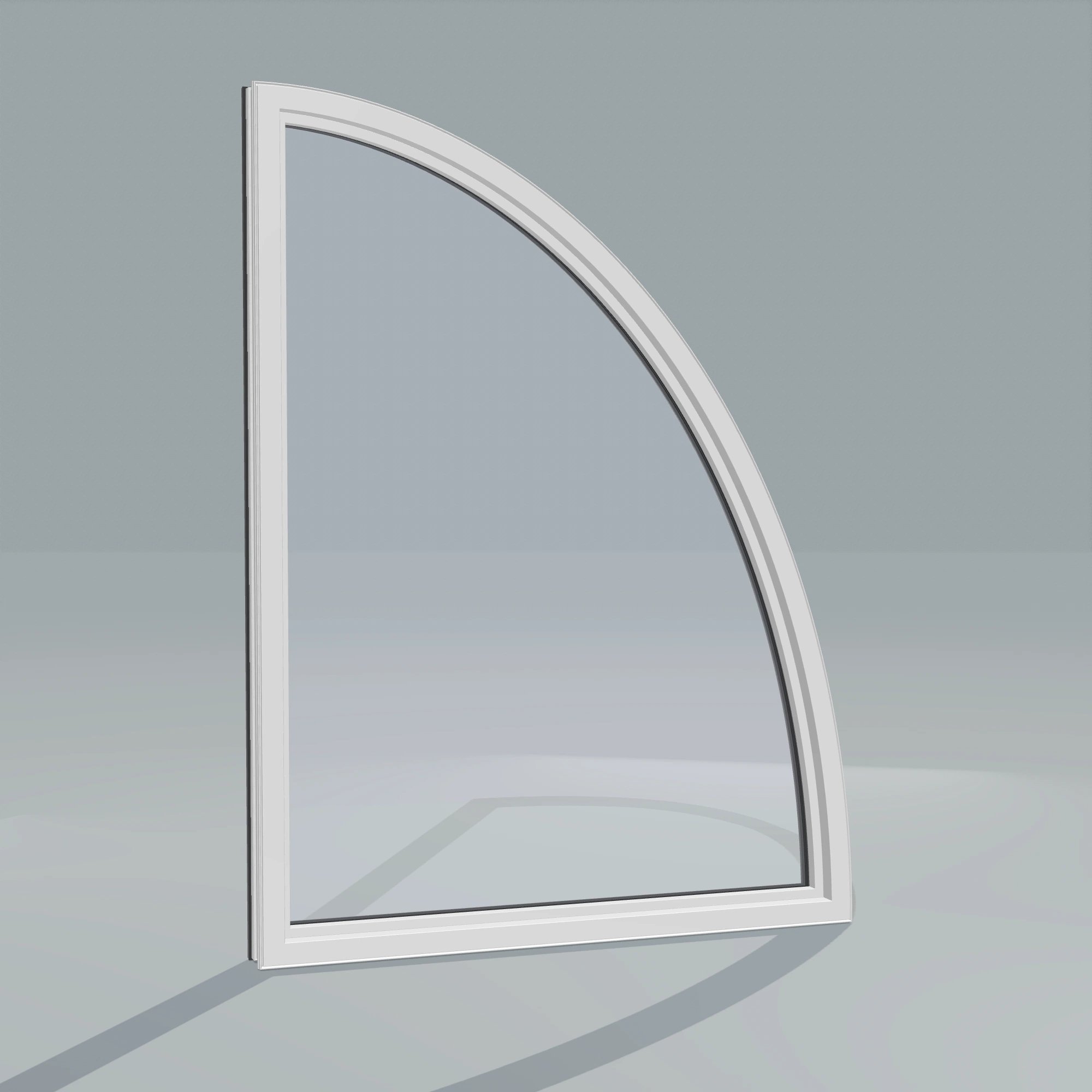 Angled interior view of the 36 × 48 inch partial ellipse (left), black exterior / white interior, without nailing flange