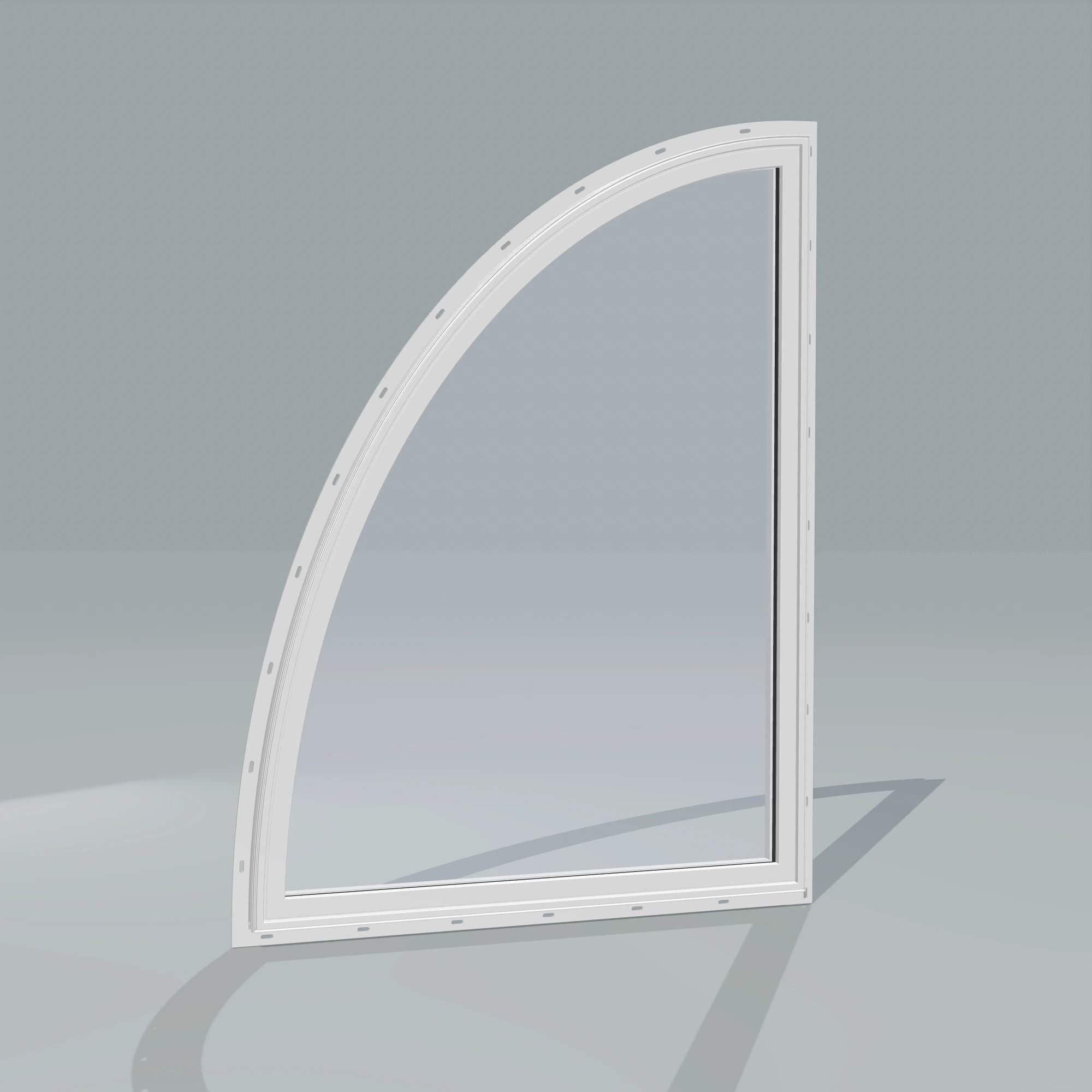Angled exterior configurator view of the 36 × 48 inch partial ellipse (left), white exterior / white interior, with nailing flange