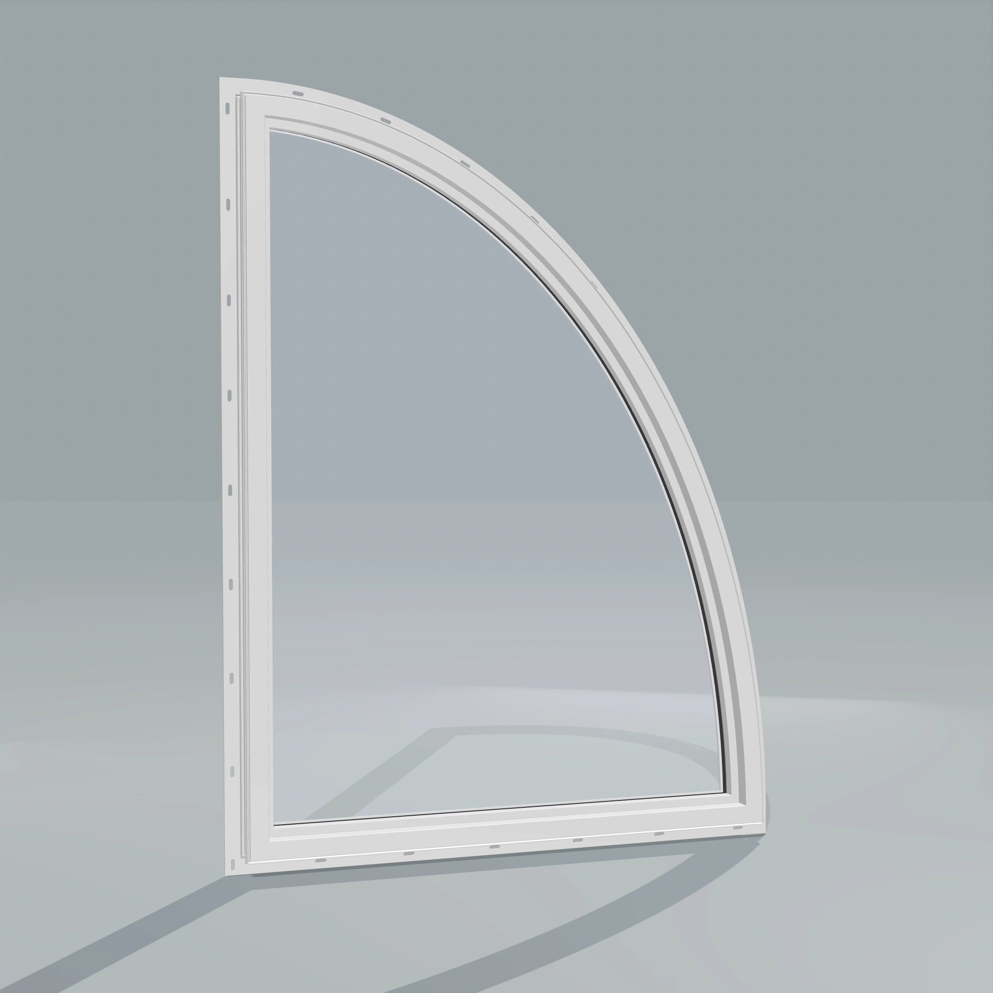 Angled interior view of the 36 × 48 inch partial ellipse (left), white exterior / white interior, with nailing flange