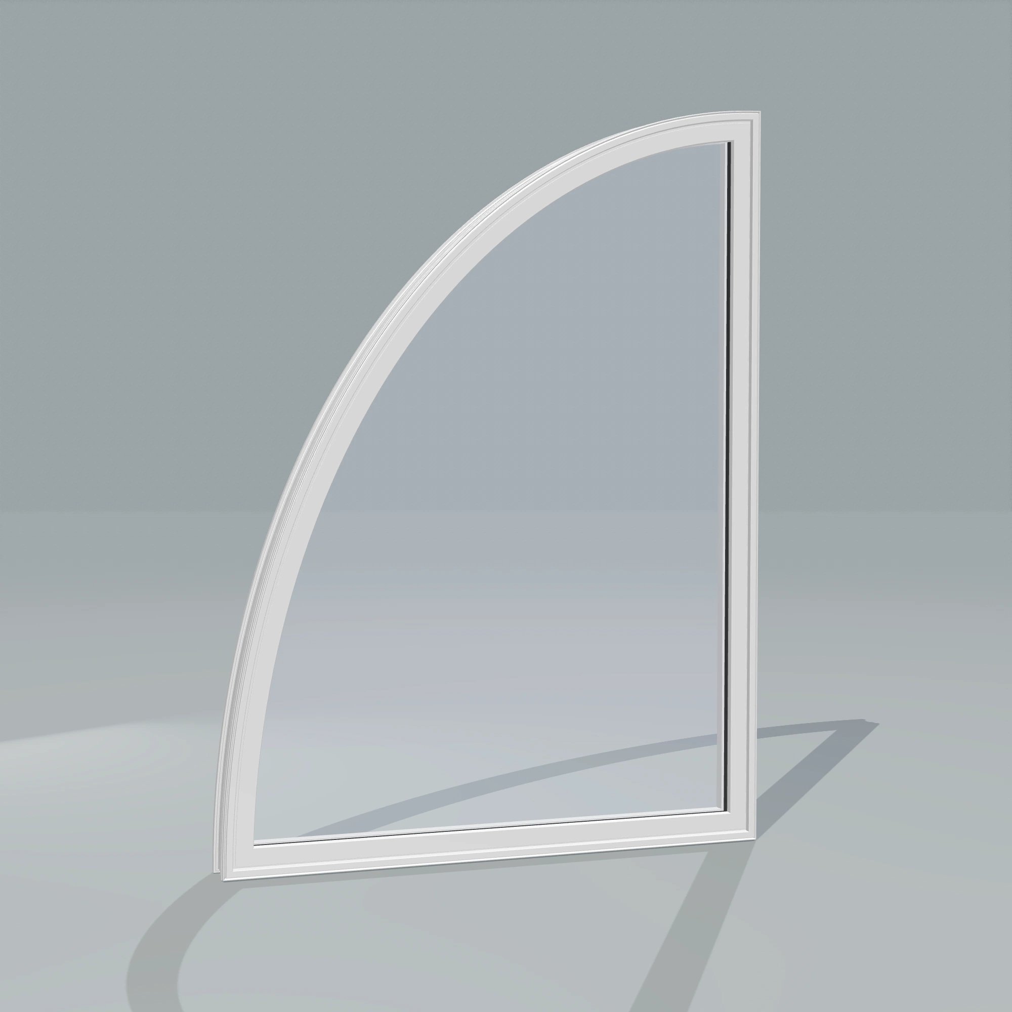 Angled exterior configurator view of the 36 × 48 inch partial ellipse (left), white exterior / white interior, without nailing flange