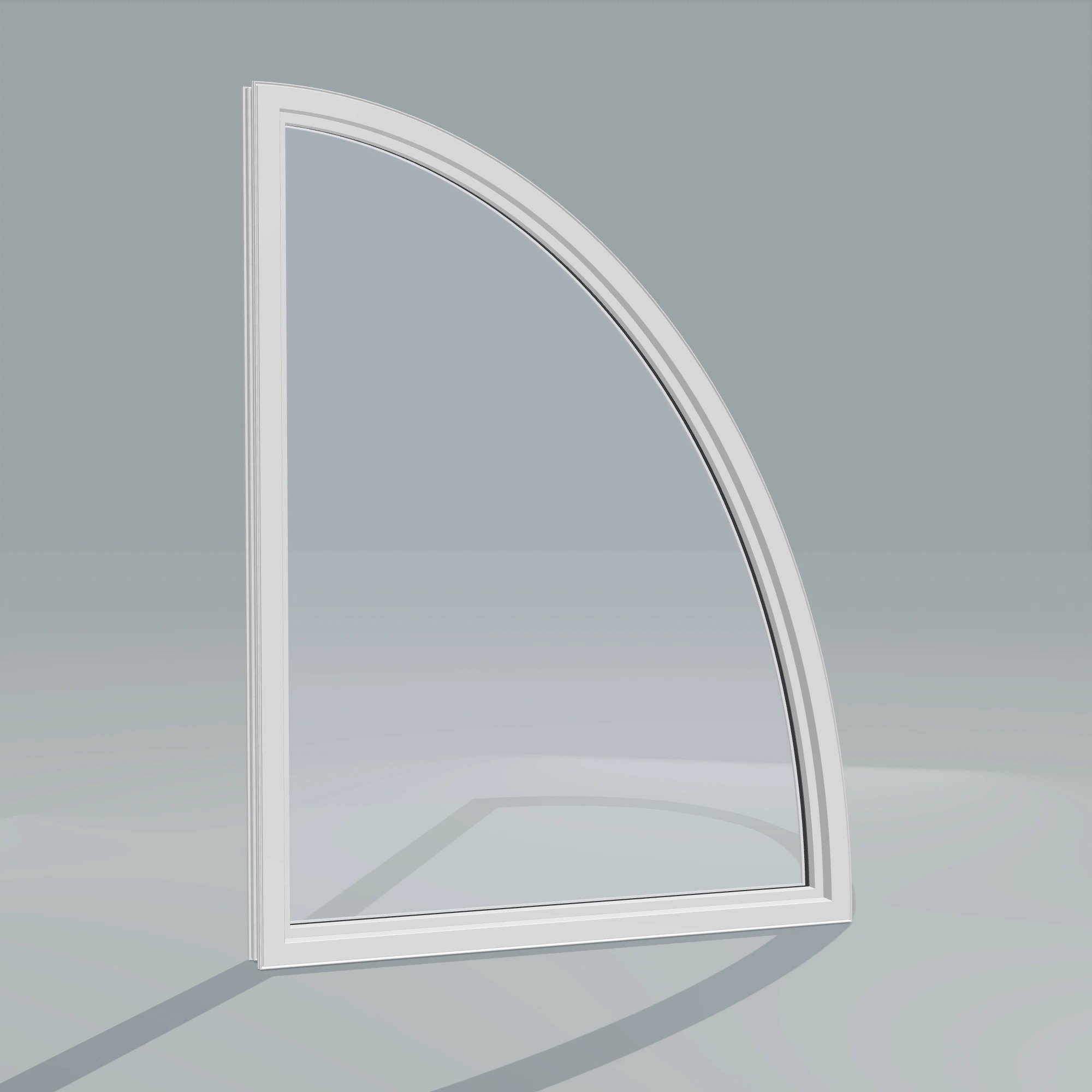 Angled interior view of the 36 × 48 inch partial ellipse (left), white exterior / white interior, without nailing flange