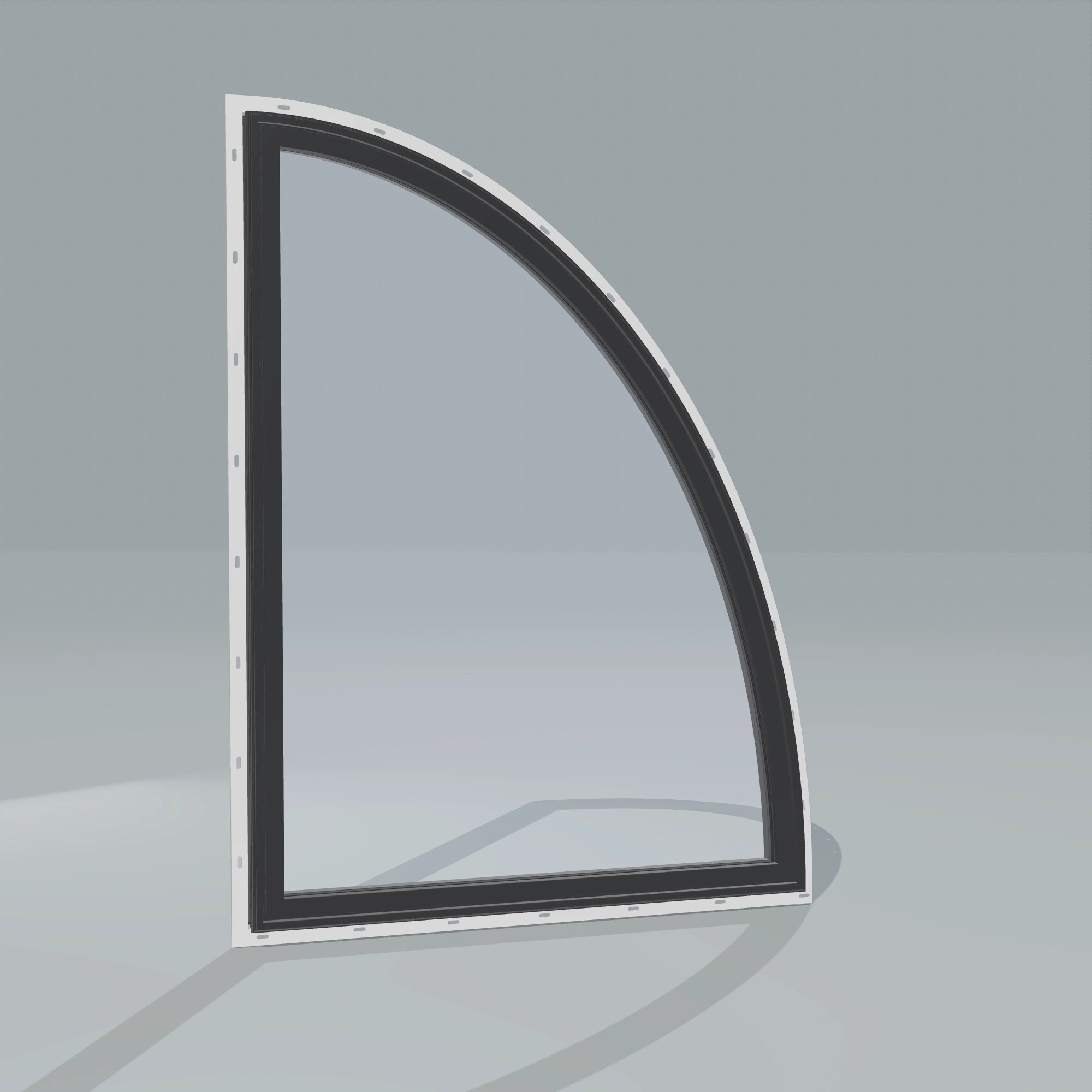 Angled exterior configurator view of the 36 × 48 inch partial ellipse (right), black exterior / black interior, with nailing flange