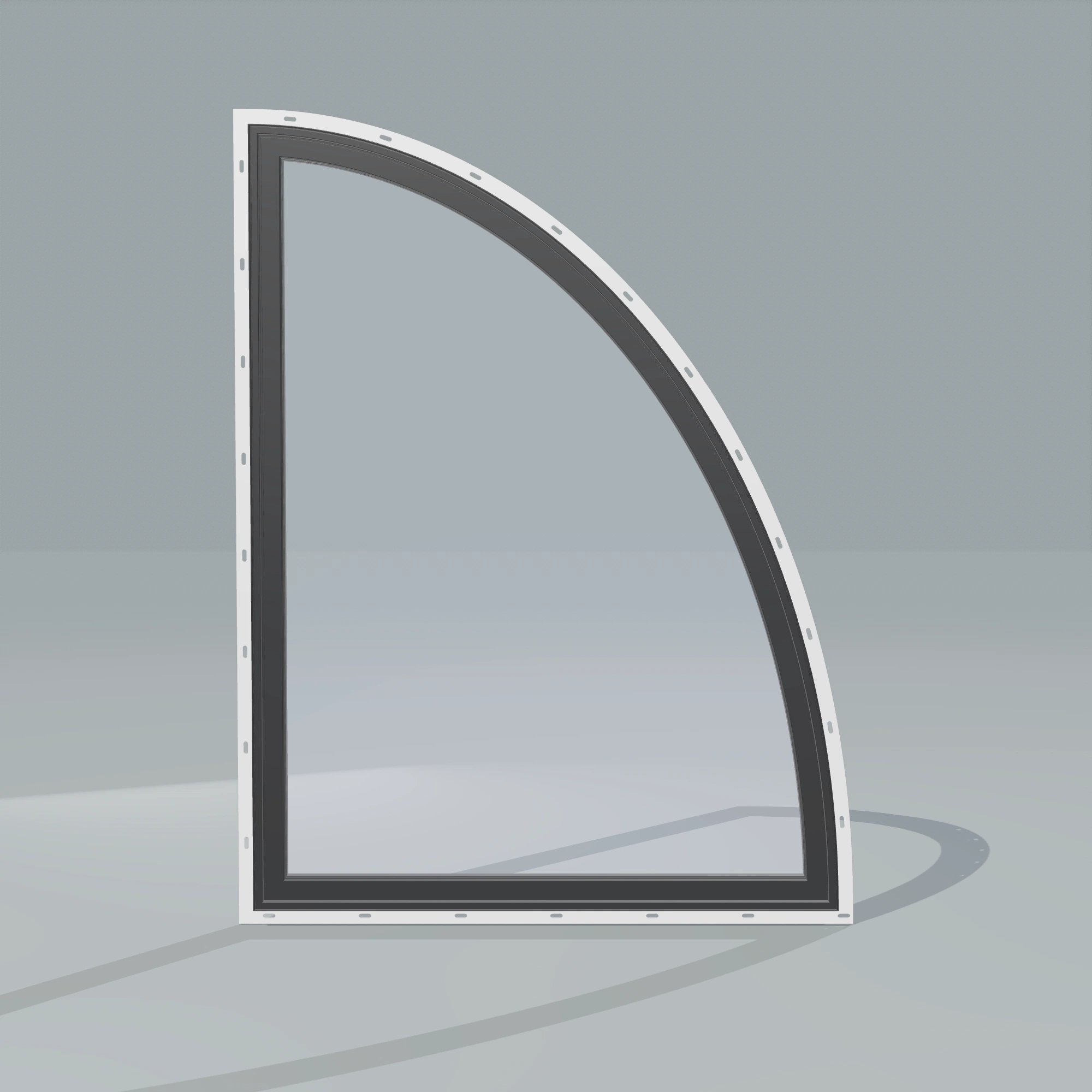 Straight exterior view of the 36 × 48 inch partial ellipse (right), black exterior / black interior, with nailing flange