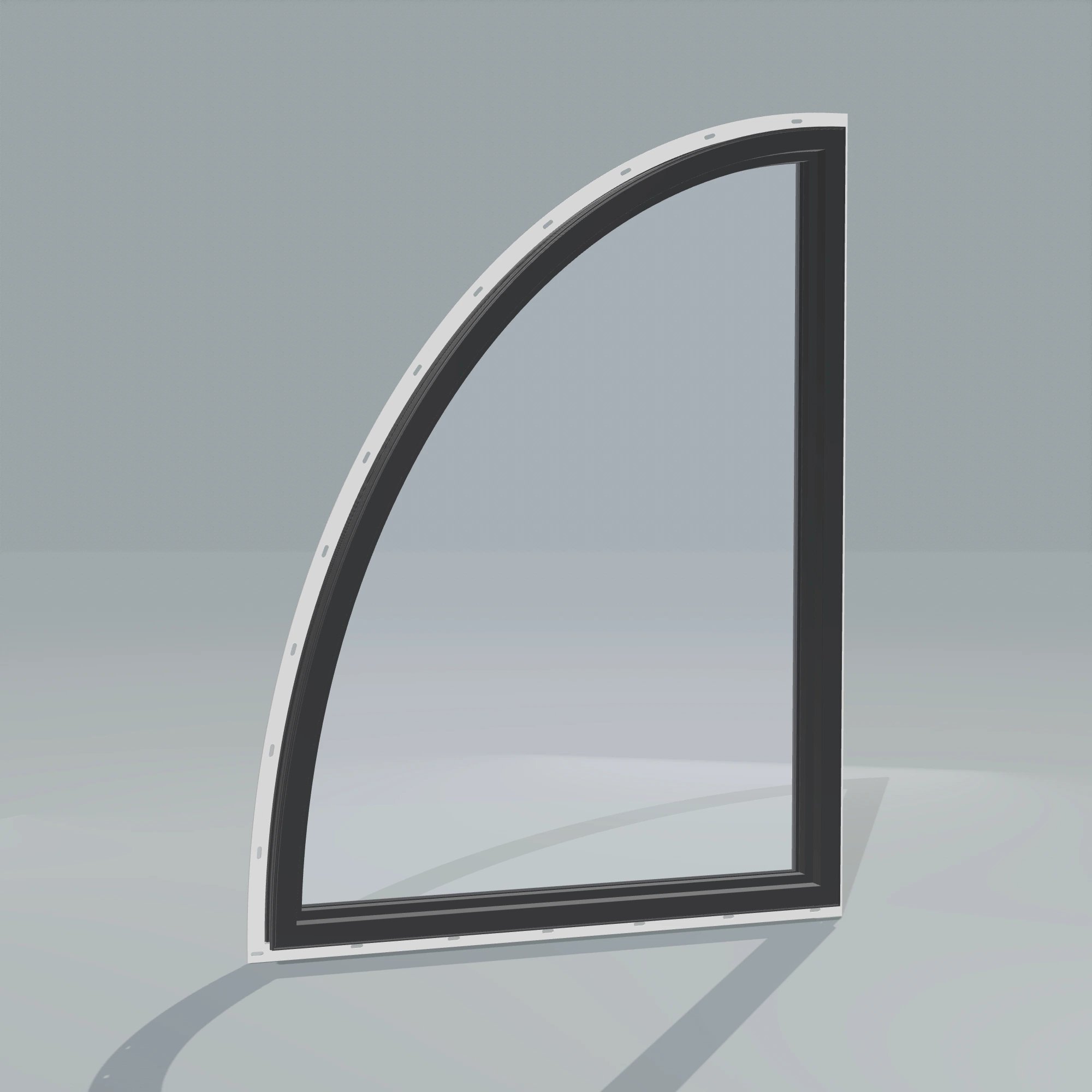 Angled interior view of the 36 × 48 inch partial ellipse (right), black exterior / black interior, with nailing flange