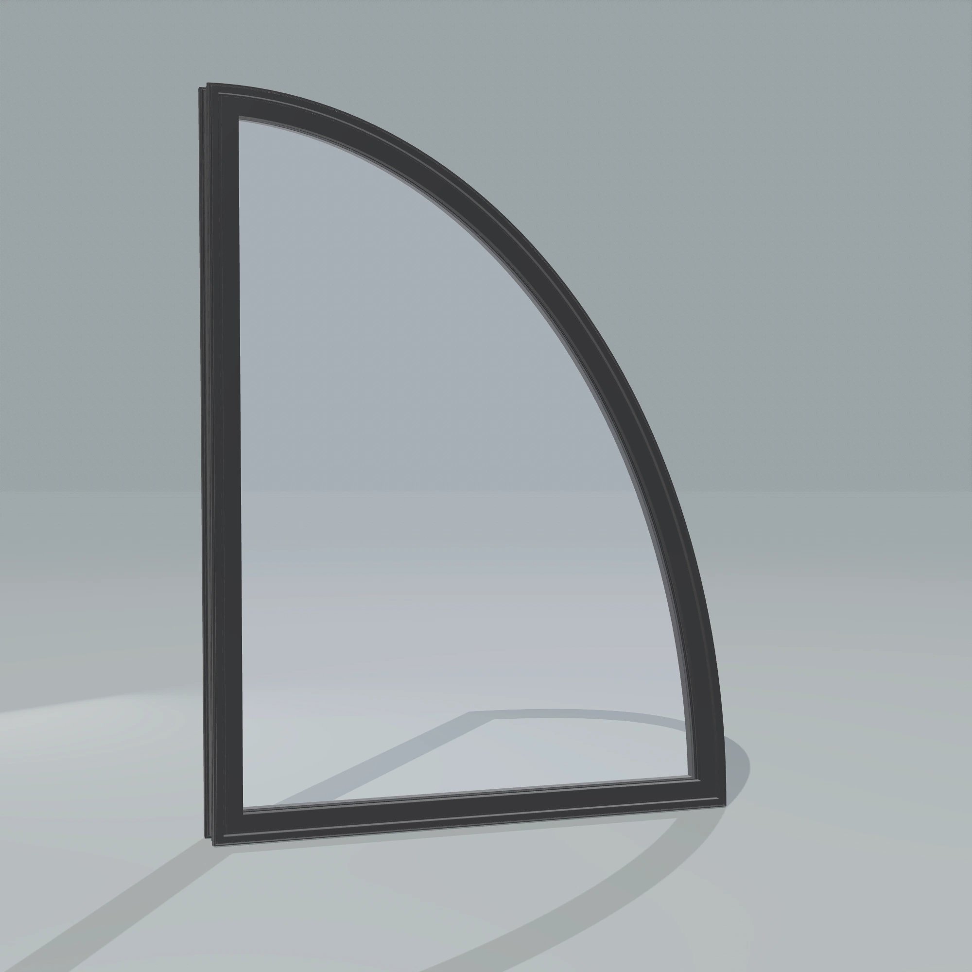 Angled exterior configurator view of the 36 × 48 inch partial ellipse (right), black exterior / black interior, without nailing flange