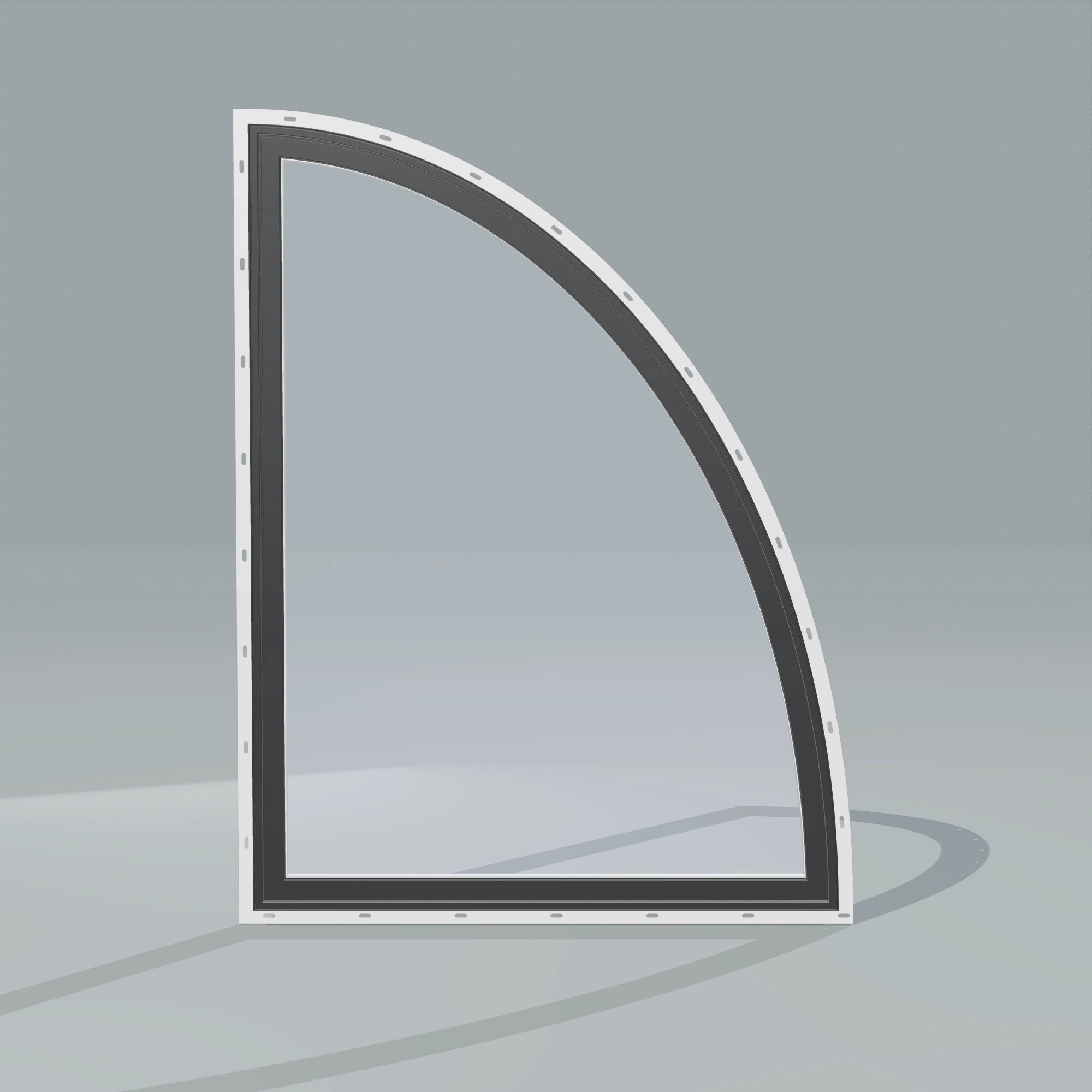Straight exterior view of the 36 × 48 inch partial ellipse (right), black exterior / white interior, with nailing flange