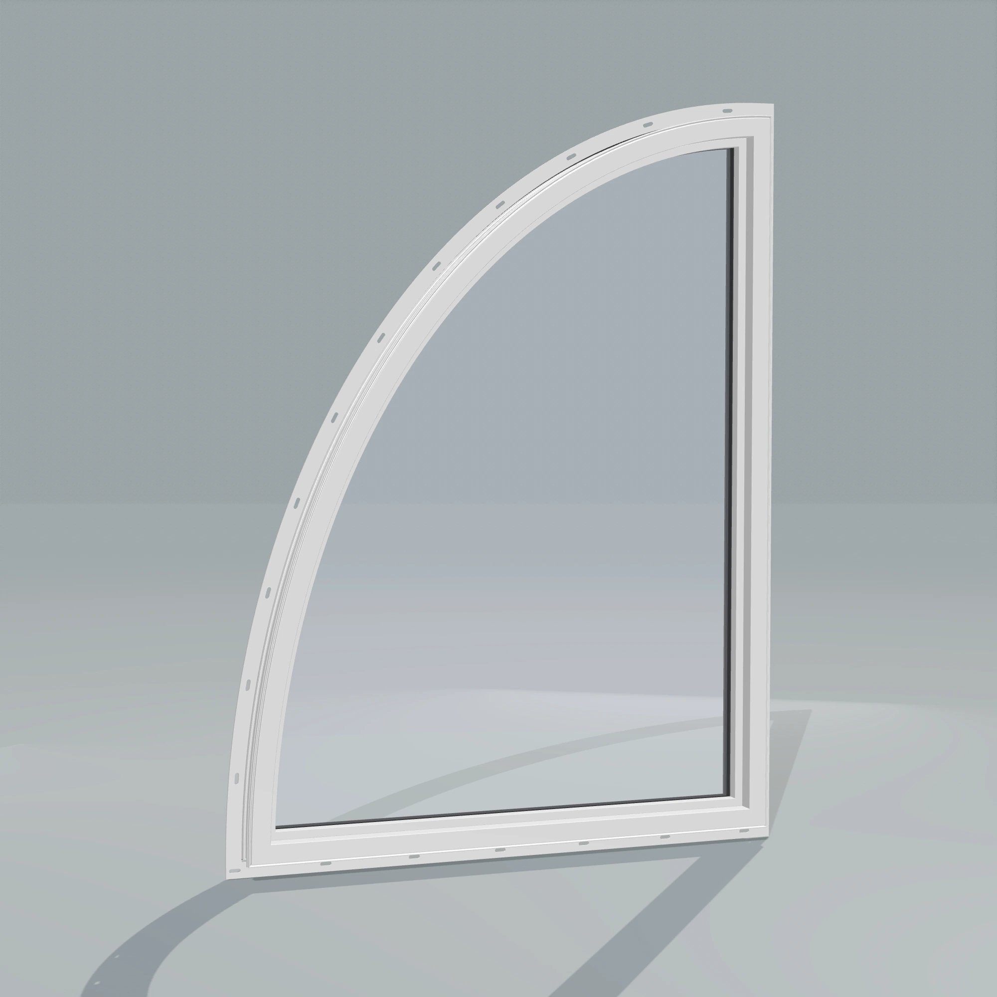 Angled interior view of the 36 × 48 inch partial ellipse (right), black exterior / white interior, with nailing flange