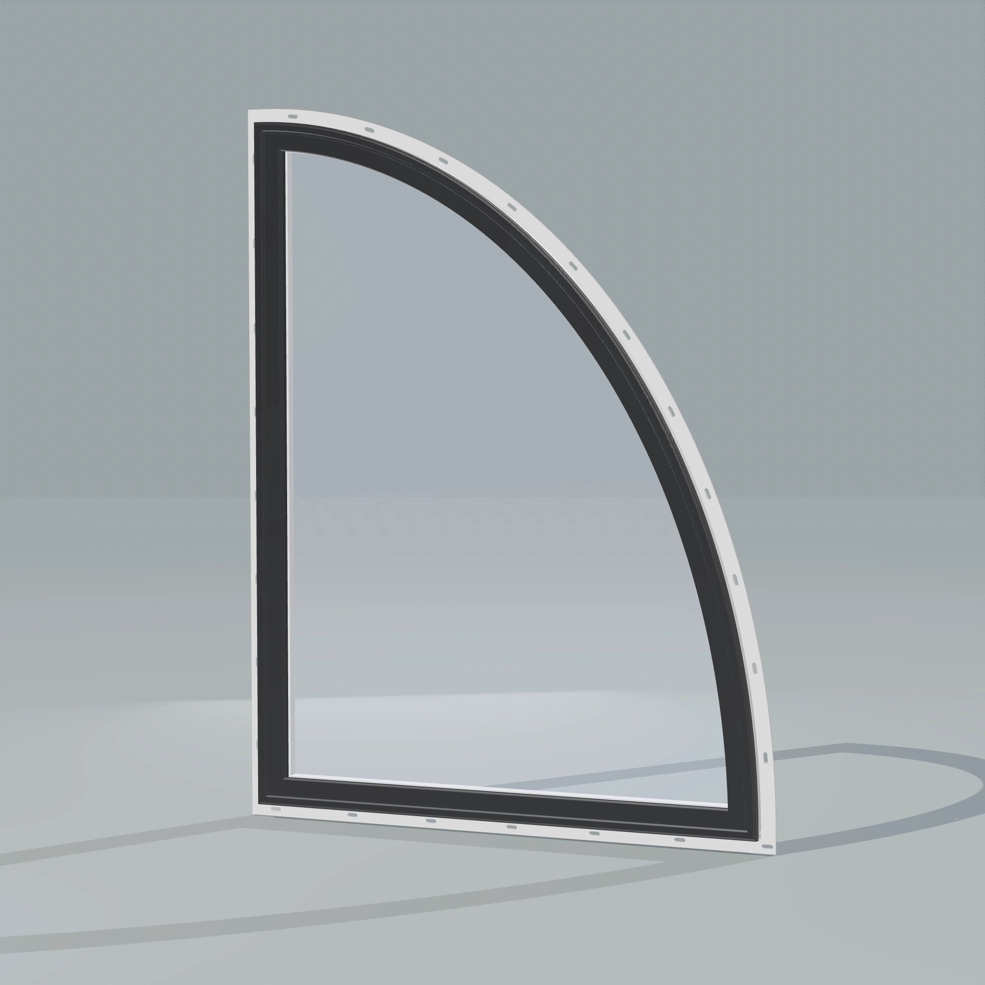 Opposite exterior angle of the 36 × 48 inch partial ellipse (right), black exterior / white interior, with nailing flange
