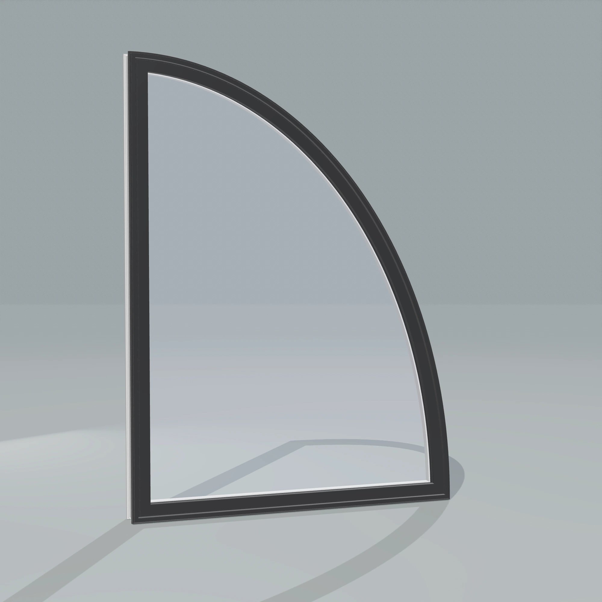 Angled exterior configurator view of the 36 × 48 inch partial ellipse (right), black exterior / white interior, without nailing flange