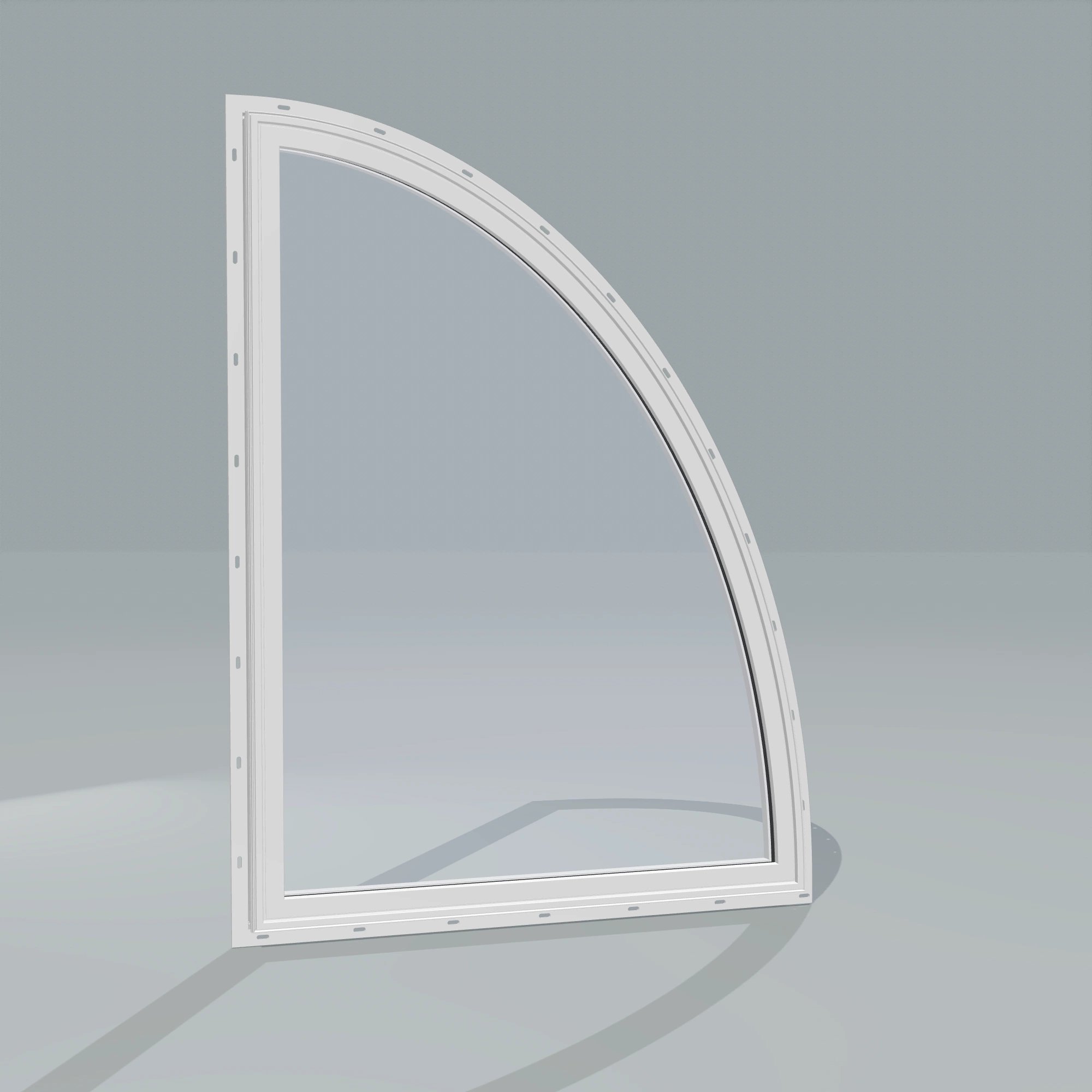 Angled exterior configurator view of the 36 × 48 inch partial ellipse (right), white exterior / white interior, with nailing flange