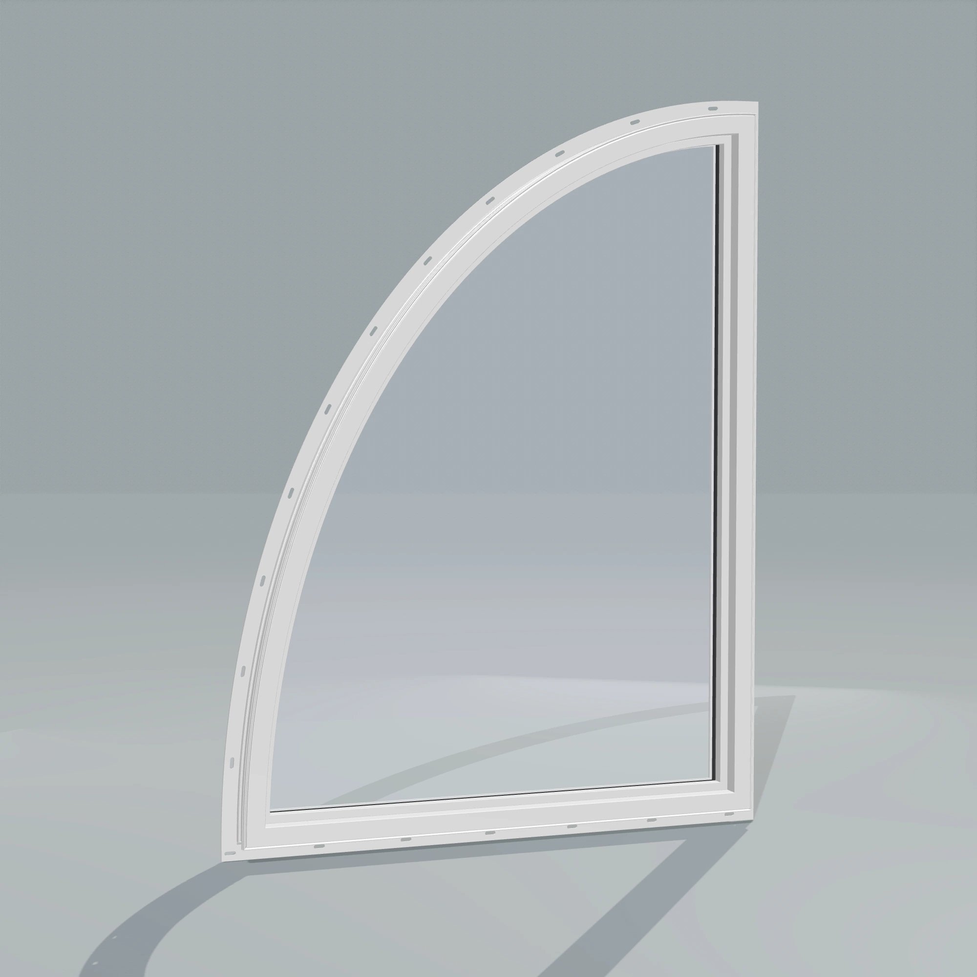 Angled interior view of the 36 × 48 inch partial ellipse (right), white exterior / white interior, with nailing flange