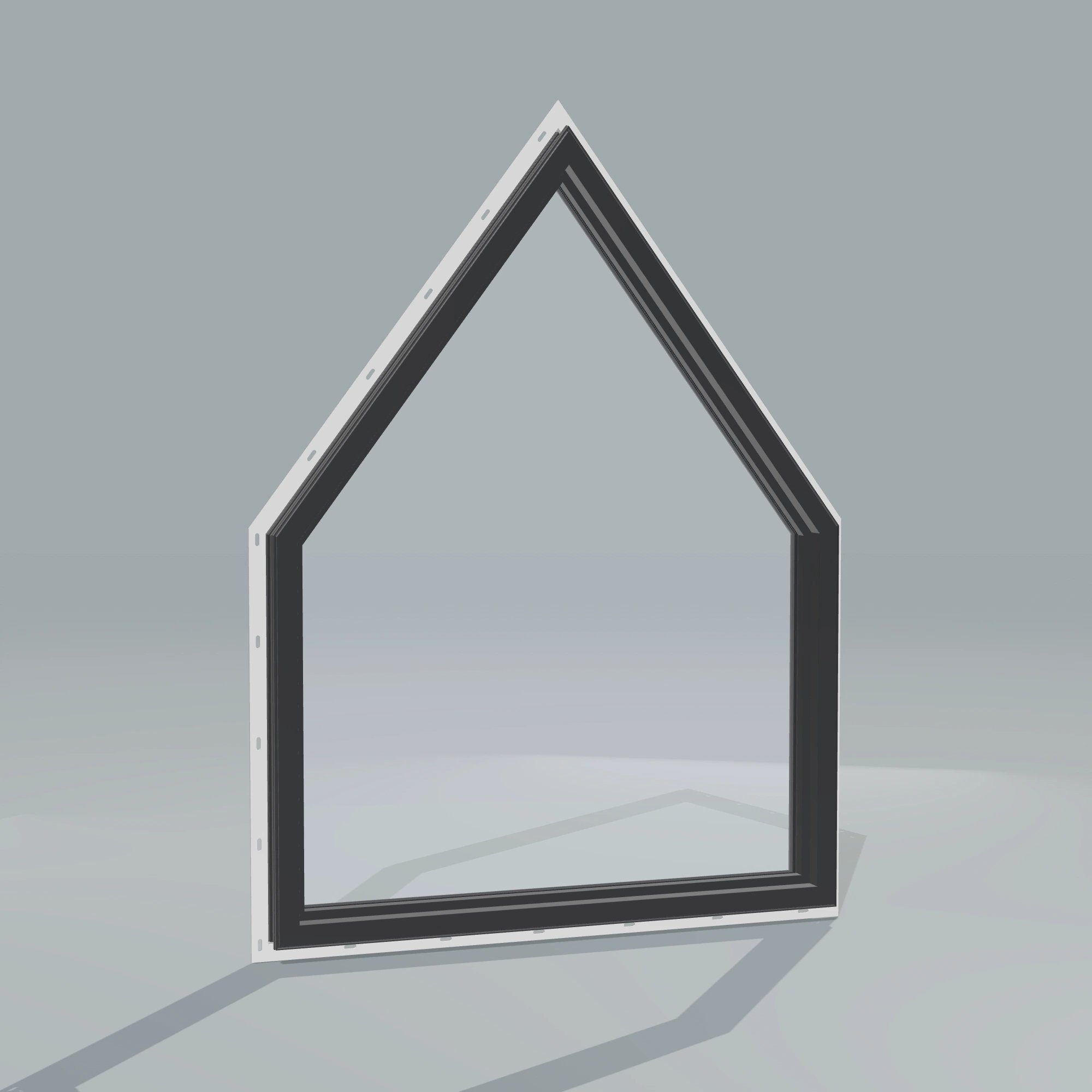 Angled interior view of the 36 × 48 inch pentagon, black exterior / black interior, with nailing flange