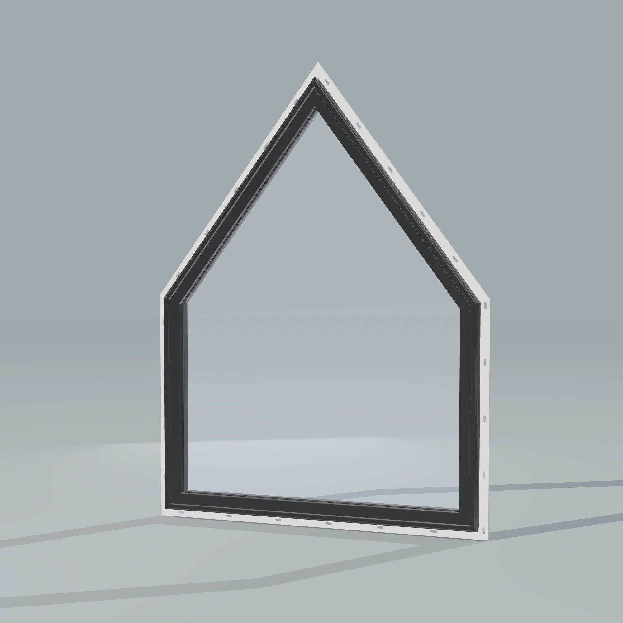 Opposite exterior angle of the 36 × 48 inch pentagon, black exterior / black interior, with nailing flange