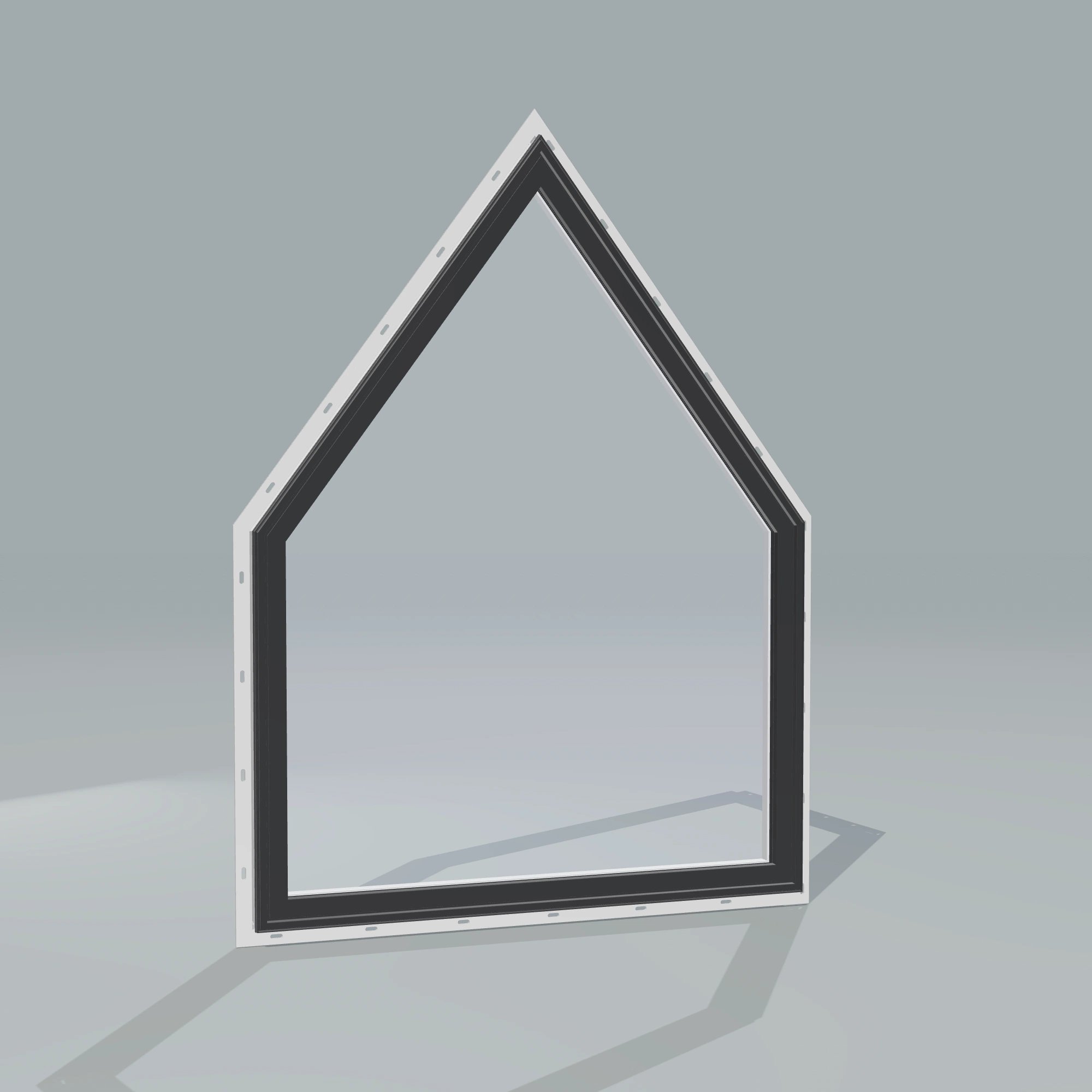 Angled exterior configurator view of the 36 × 48 inch pentagon, black exterior / white interior, with nailing flange