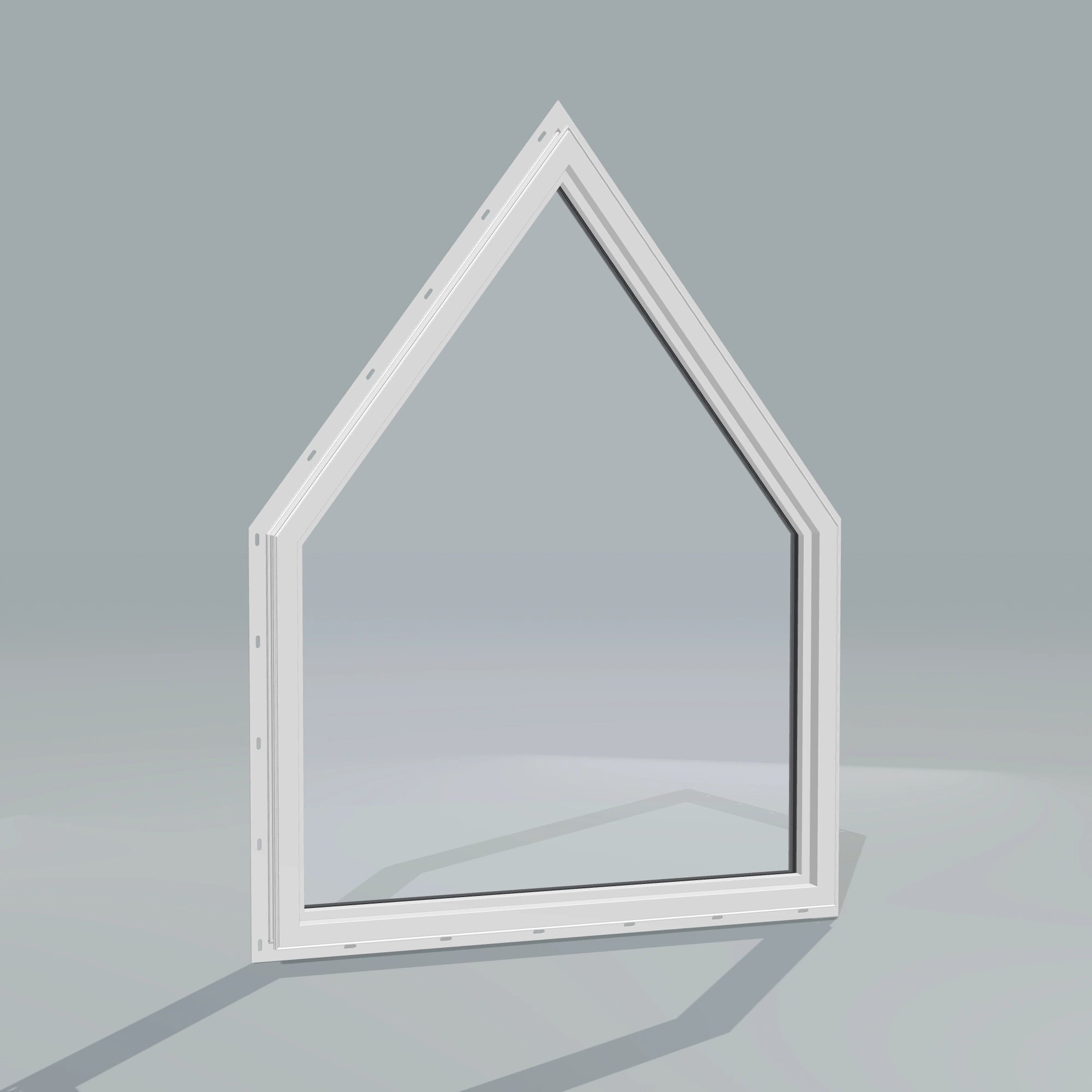 Angled interior view of the 36 × 48 inch pentagon, black exterior / white interior, with nailing flange