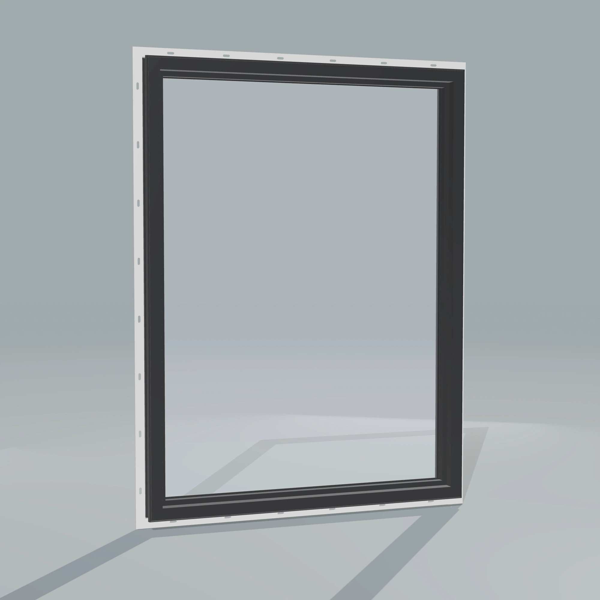 Angled interior view of the 36 × 48 inch picture window, black exterior / black interior, with nailing flange
