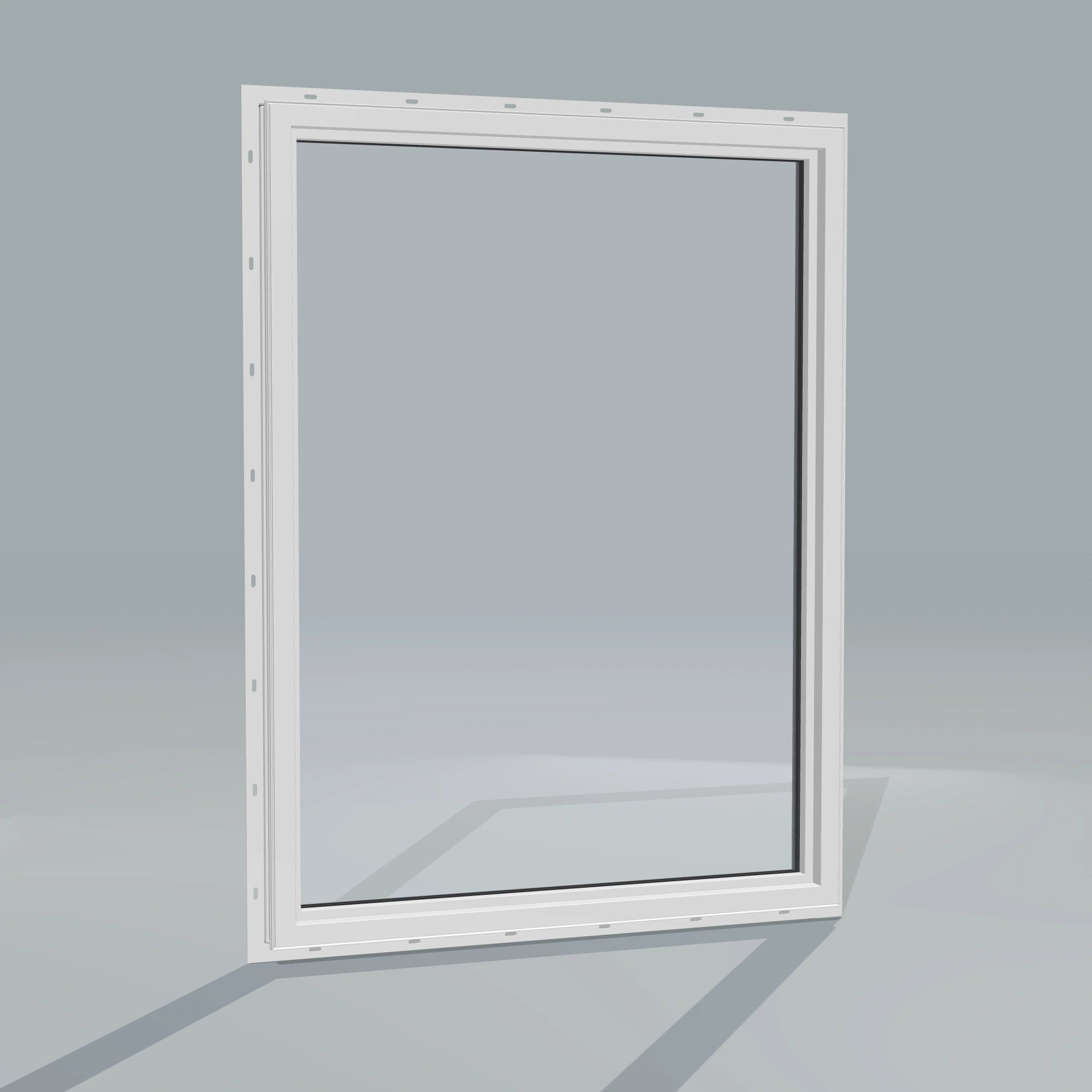 Angled interior view of the 36 × 48 inch picture window, black exterior / white interior, with nailing flange