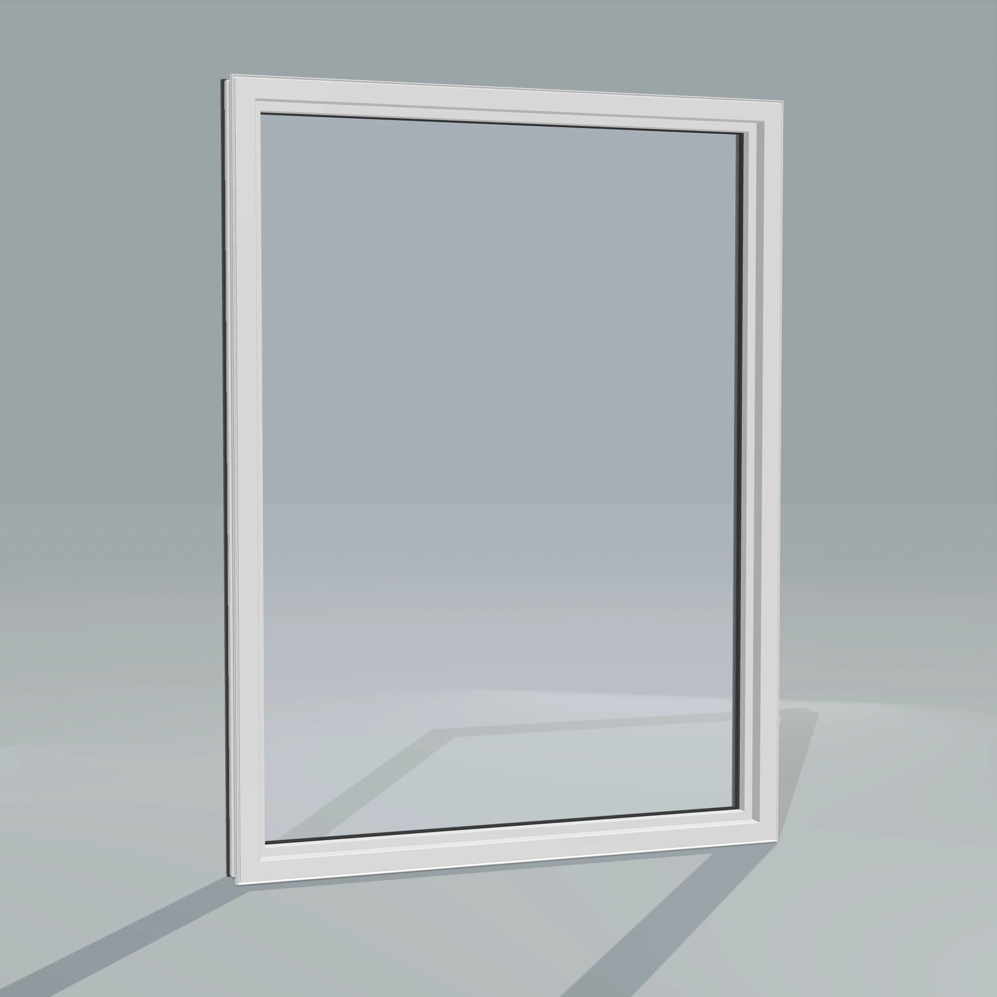 Angled interior view of the 36 × 48 inch picture window, black exterior / white interior, without nailing flange