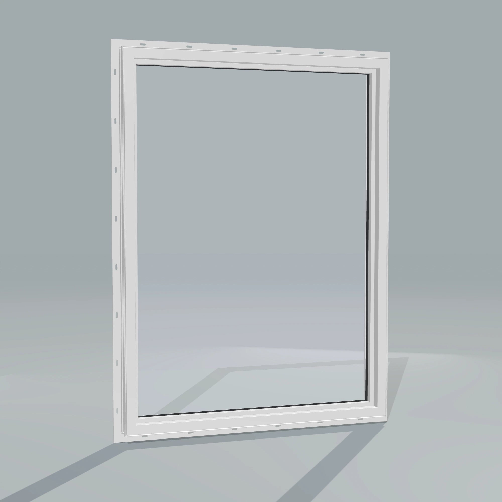Angled interior view of the 36 × 48 inch picture window, white exterior / white interior, with nailing flange