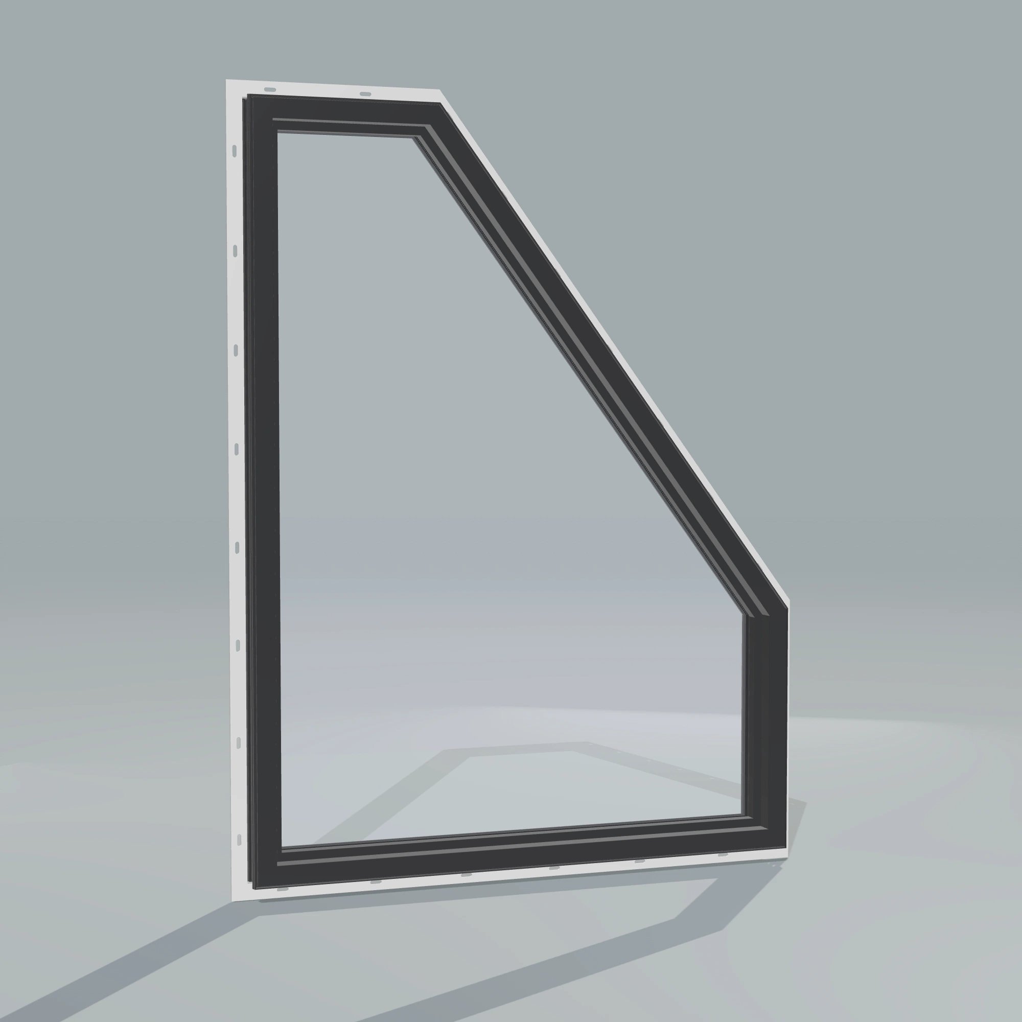 Angled interior view of the 36 × 48 inch polygon (left), black exterior / black interior, with nailing flange