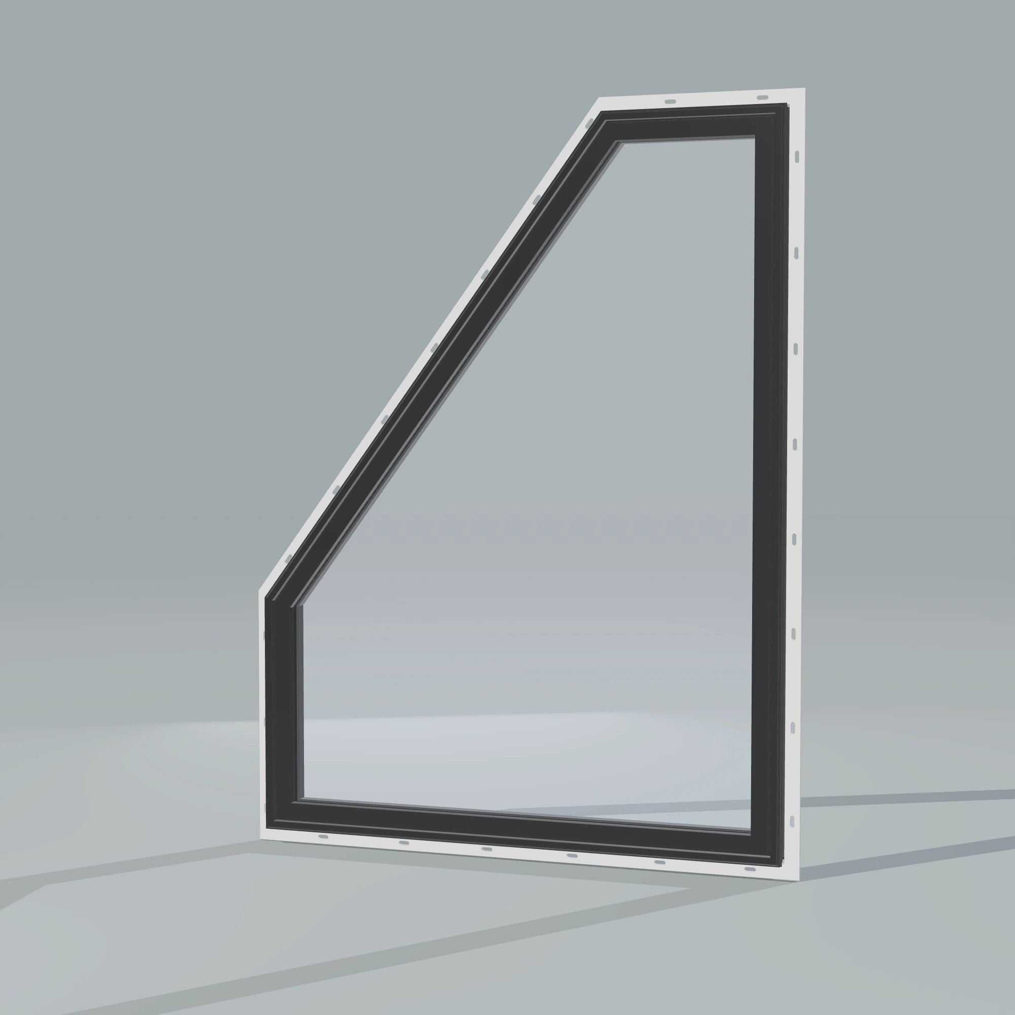 Opposite exterior angle of the 36 × 48 inch polygon (left), black exterior / black interior, with nailing flange