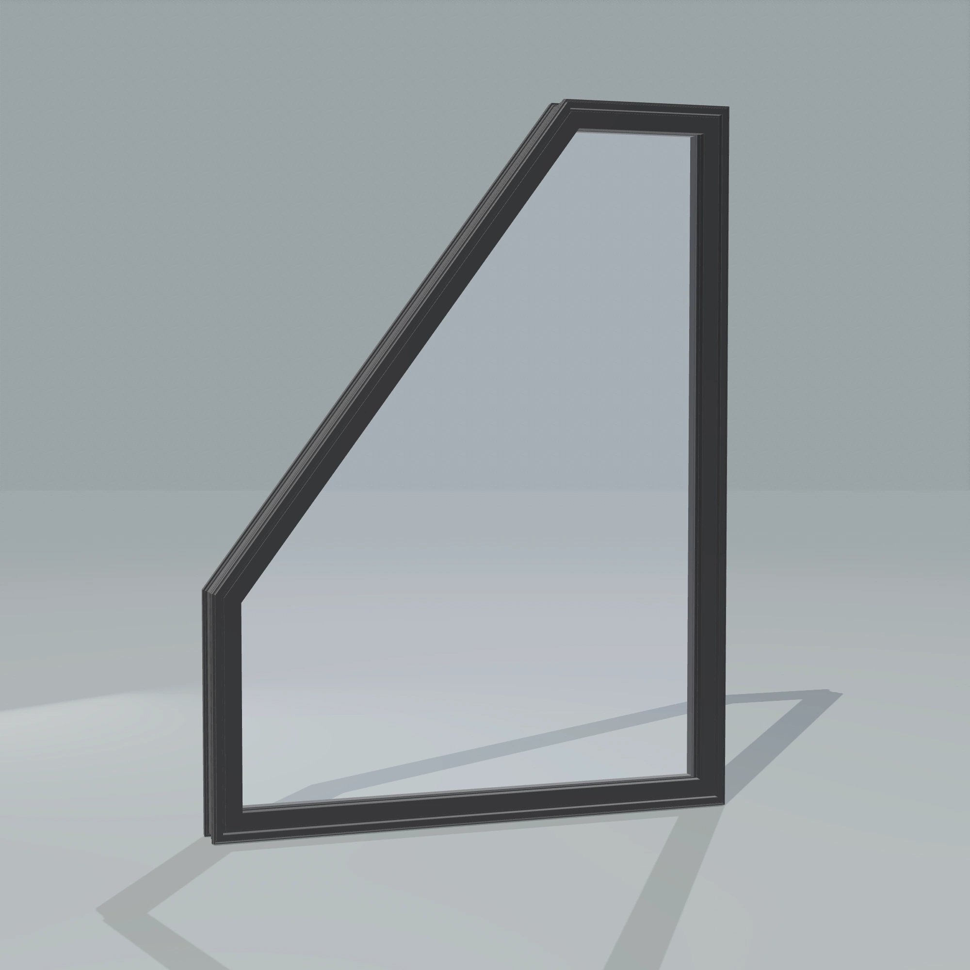 Angled exterior configurator view of the 36 × 48 inch polygon (left), black exterior / black interior, without nailing flange